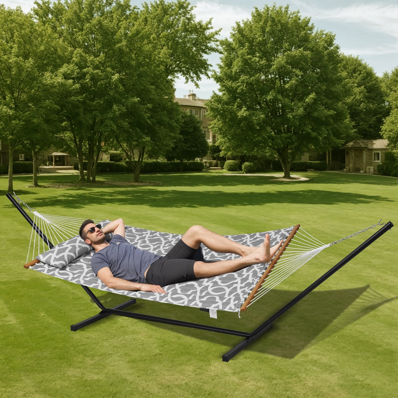 Two Person Hammock with Stand Included Heavy Duty 480lb Capacity, Double Hammock with 12 FT Steel Stand and V952-HFDCHBSXHWTXK34ZTV0