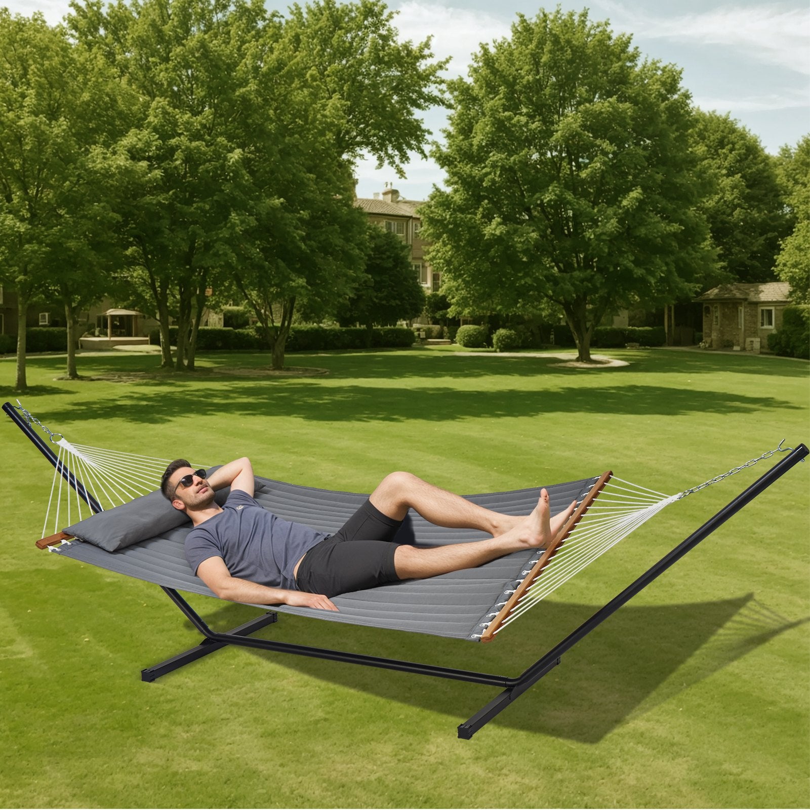 Double Quilted Fabric Hammock Two Person Hammock with Stand 480lb Capacity V952-HFDCHSCSTXYZG0K4NV0