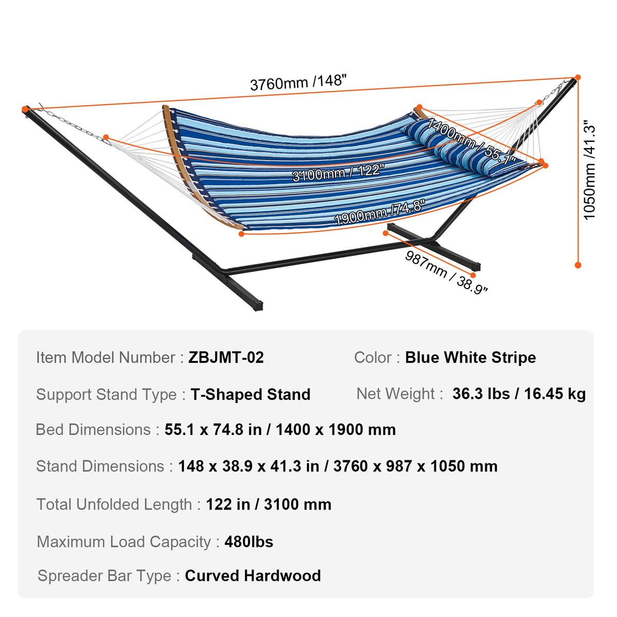 Two Person Hammock with Stand Included, Double Hammock with Curved Spreader Bar and Detachable Pillow and V952-HFDCLBSTWTXHK0YP9V0