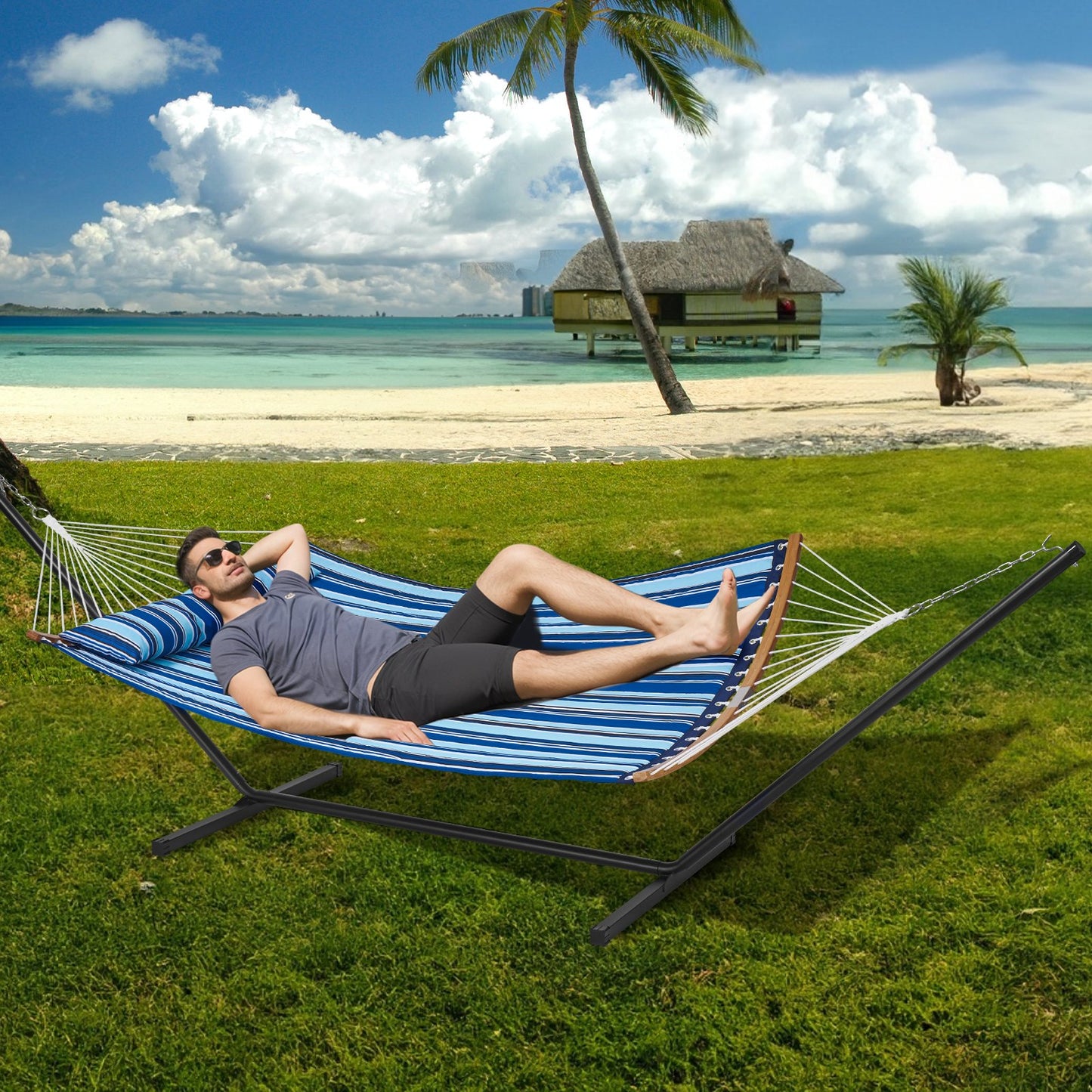 Two Person Hammock with Stand Included, Double Hammock with Curved Spreader Bar and Detachable Pillow and V952-HFDCLBSTWTXHK0YP9V0