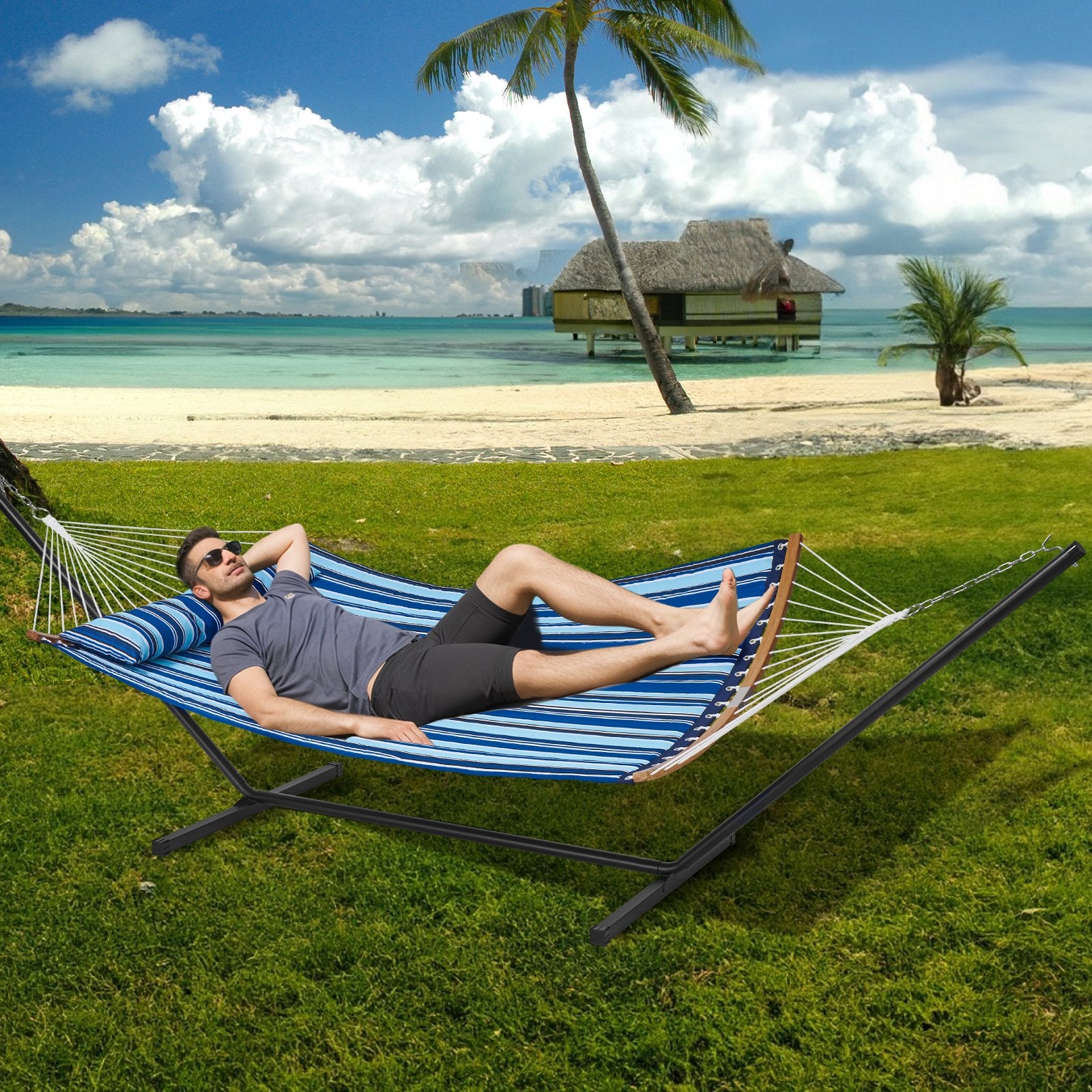 Two Person Hammock with Stand Included, Double Hammock with Curved Spreader Bar and Detachable Pillow and V952-HFDCLBSTWTXHK0YP9V0