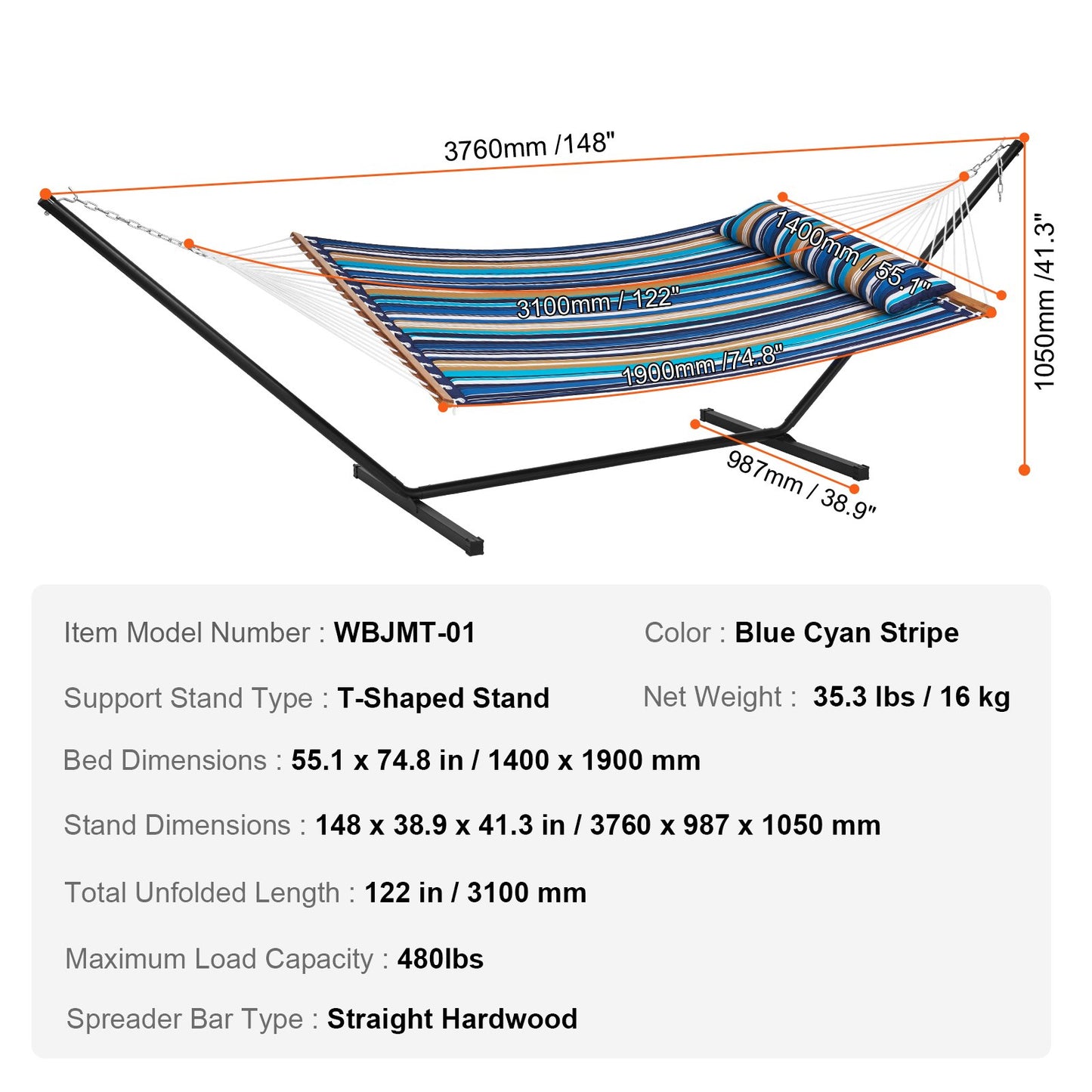 Double Quilted Fabric Hammock Two Person Hammock with Stand 480lb Capacity V952-HFDCLQSXTWTX79EXQV0