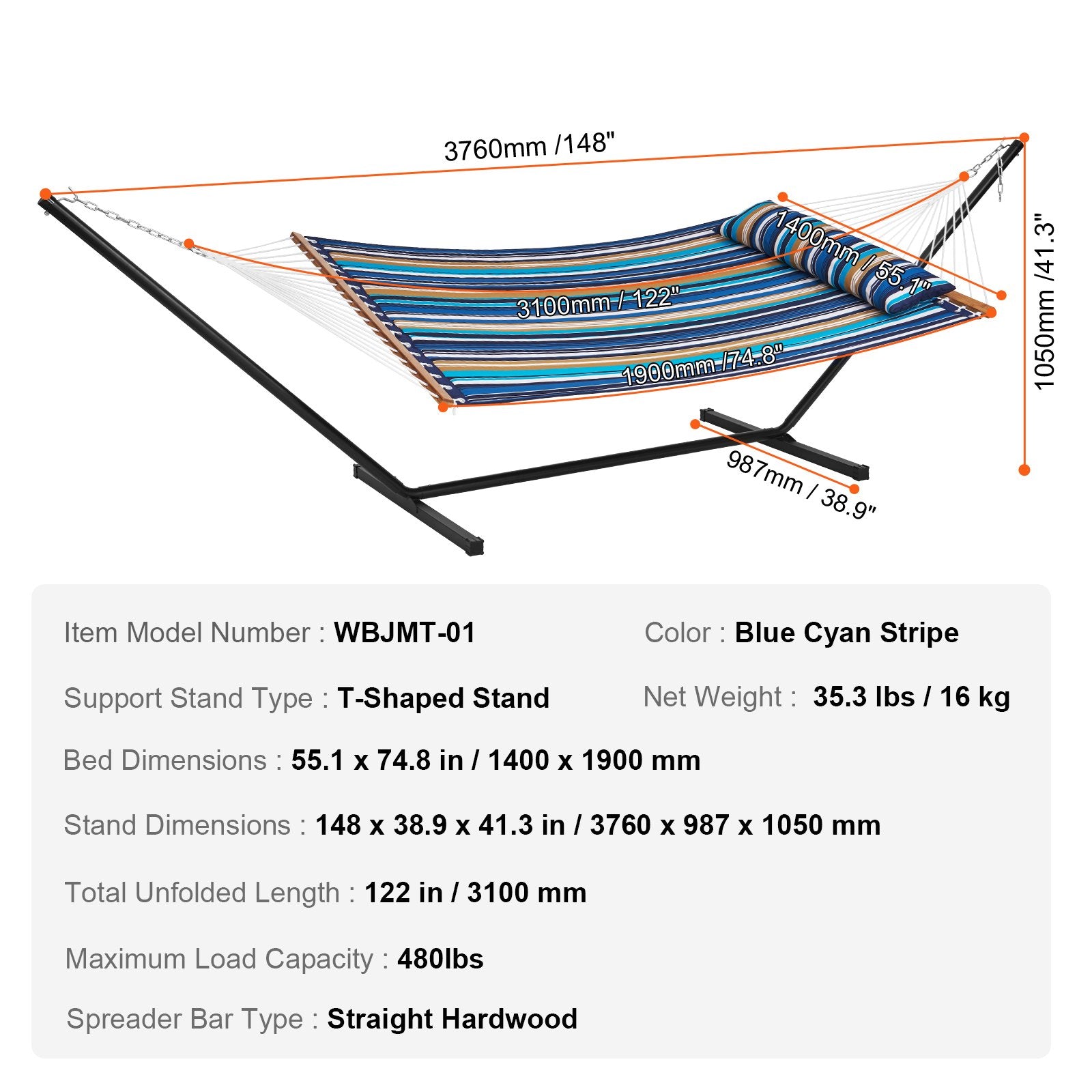Double Quilted Fabric Hammock Two Person Hammock with Stand 480lb Capacity V952-HFDCLQSXTWTX79EXQV0