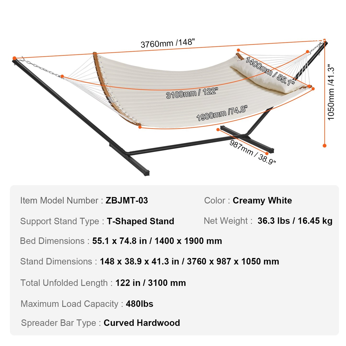 Two Person Hammock with Stand Included, Double Hammock with Curved Spreader Bar and Detachable Pillow and V952-HFDCMBSCSTXHSCU1GV0