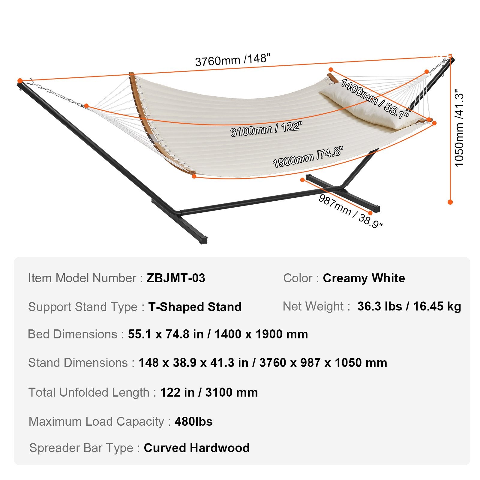 Two Person Hammock with Stand Included, Double Hammock with Curved Spreader Bar and Detachable Pillow and V952-HFDCMBSCSTXHSCU1GV0
