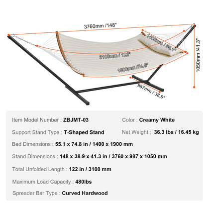 Two Person Hammock with Stand Included, Double Hammock with Curved Spreader Bar and Detachable Pillow and V952-HFDCMBSCSTXHSCU1GV0