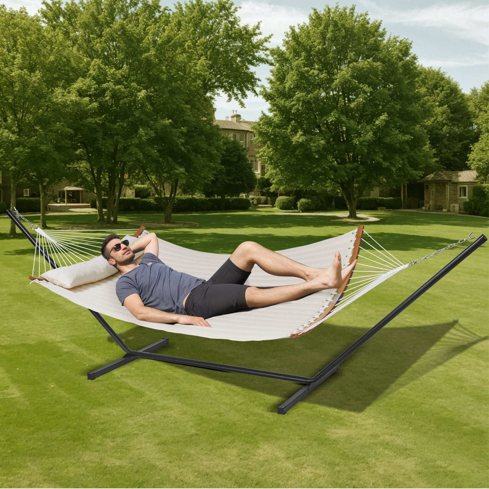 Two Person Hammock with Stand Included, Double Hammock with Curved Spreader Bar and Detachable Pillow and V952-HFDCMBSCSTXHSCU1GV0