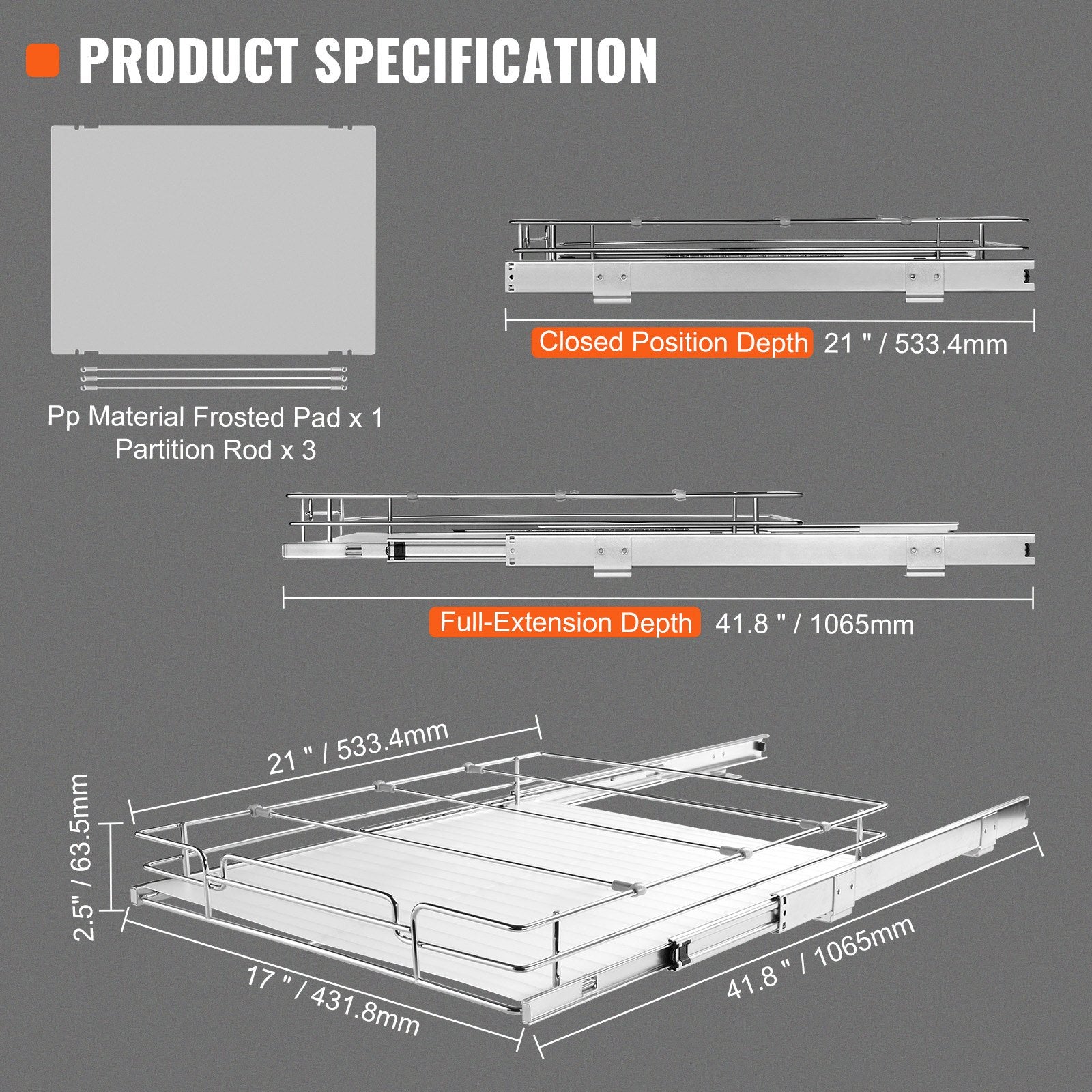 18.5"Wx21"Dx3.5"H Pull Out Cabinet Organizer, Heavy Duty Slide Out Pantry Shelves, Steel Roll Out Drawers, V952-HG117W21D315HVZFIV0