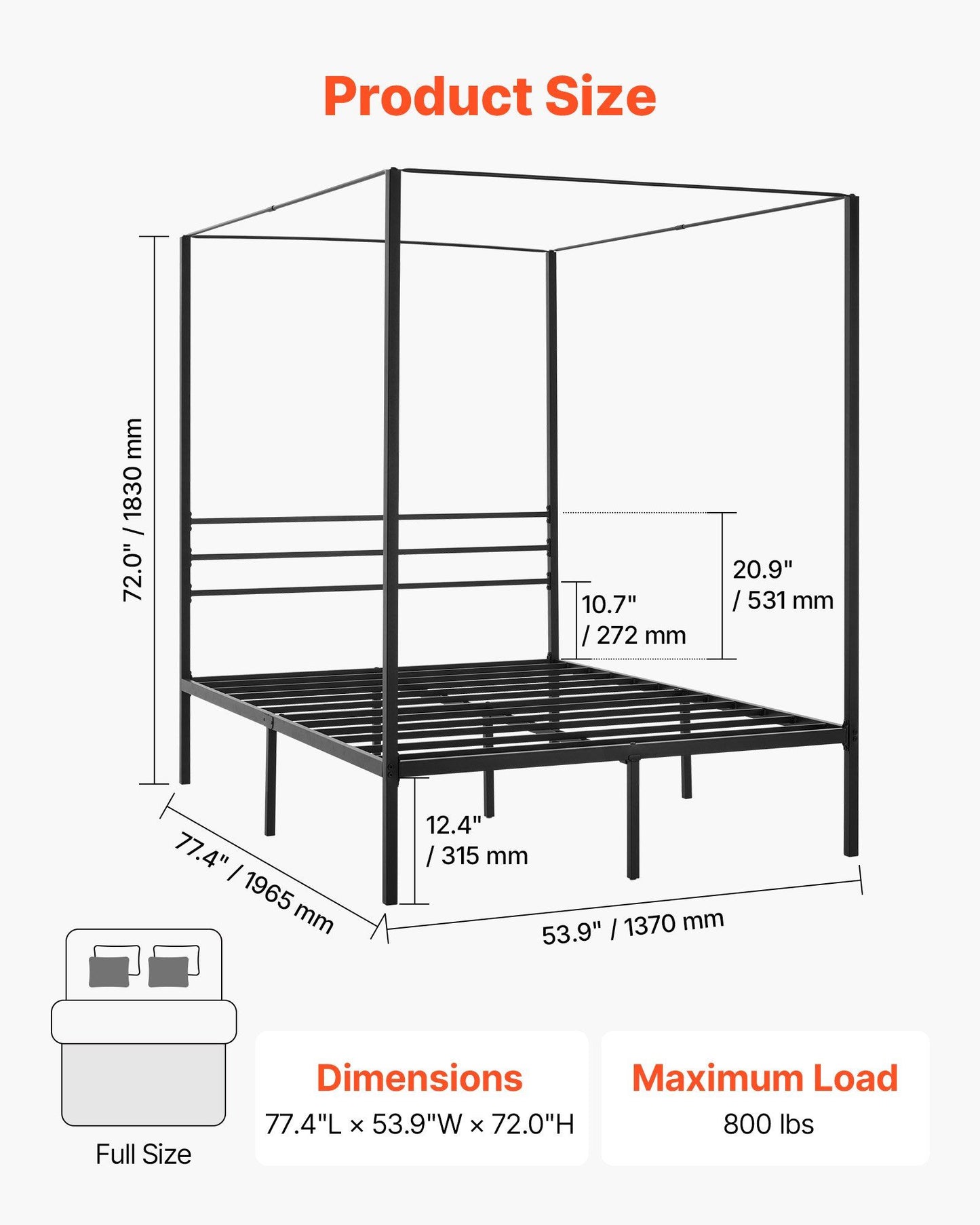 Full Size Canopy Bed Frame, Metal Canopy Bed with Four Posters Design, Heavy Duty Steel Slats Support, V952-HGCJSFGFULLHSXSHO001V0