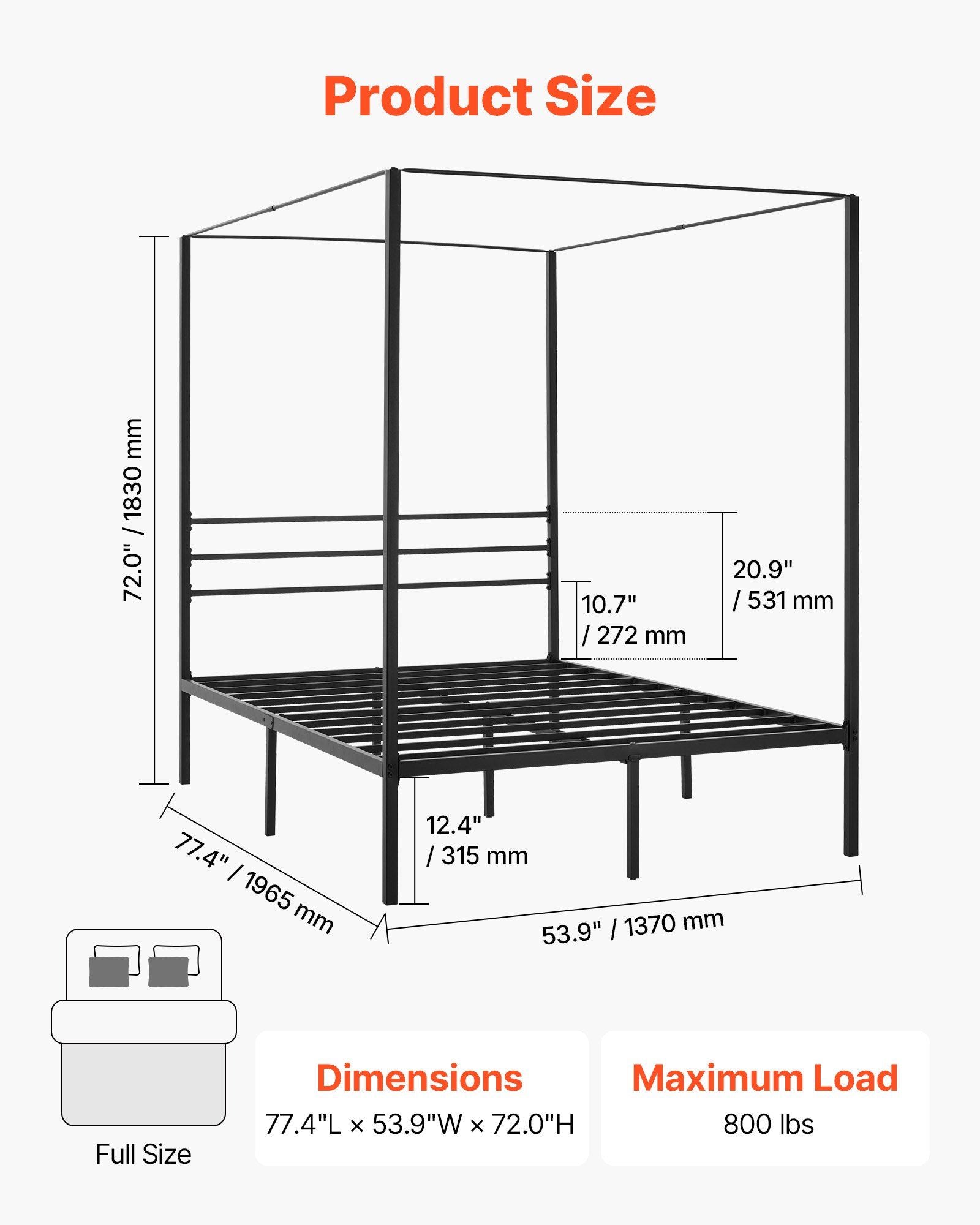 Full Size Canopy Bed Frame, Metal Canopy Bed with Four Posters Design, Heavy Duty Steel Slats Support, V952-HGCJSFGFULLHSXSHO001V0