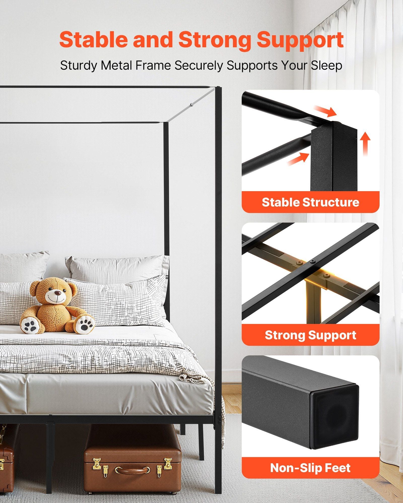 Full Size Canopy Bed Frame, Metal Canopy Bed with Four Posters Design, Heavy Duty Steel Slats Support, V952-HGCJSFGFULLHSXSHO001V0