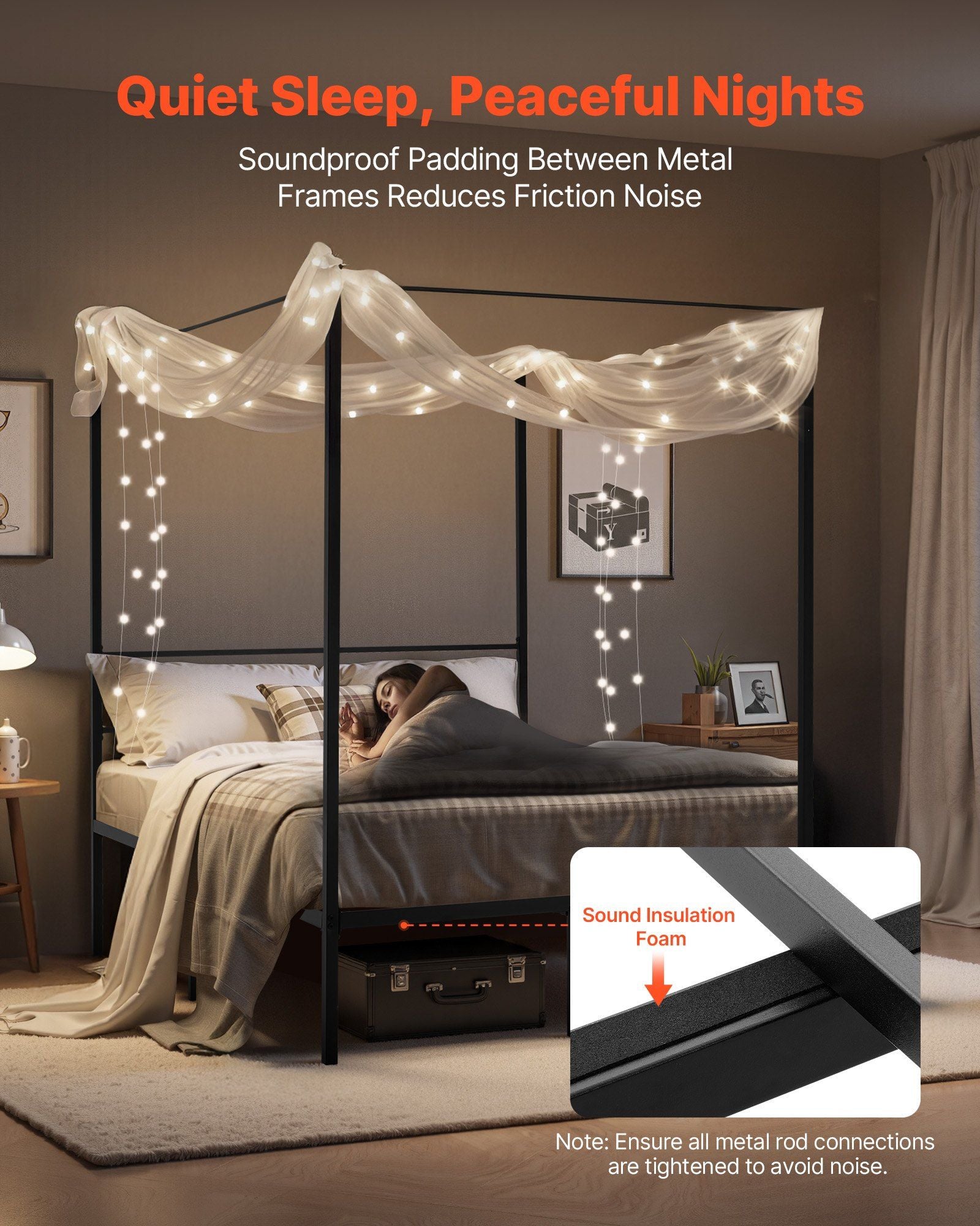 Full Size Canopy Bed Frame, Metal Canopy Bed with Four Posters Design, Heavy Duty Steel Slats Support, V952-HGCJSFGFULLHSXSHO001V0