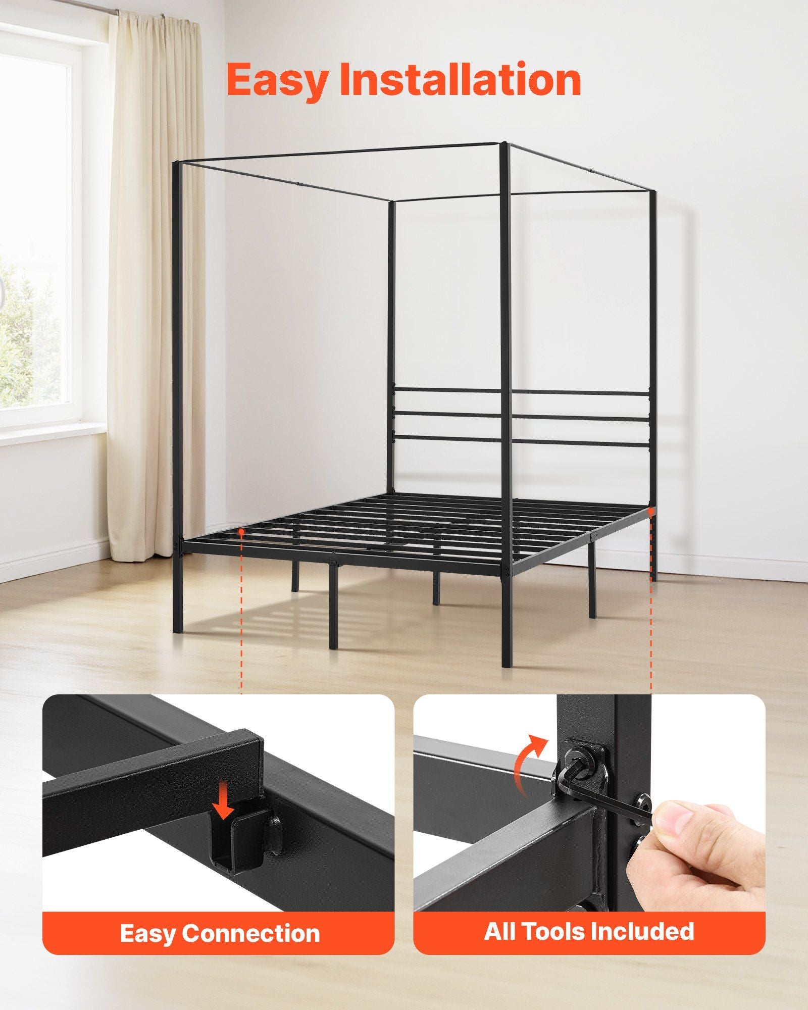 Full Size Canopy Bed Frame, Metal Canopy Bed with Four Posters Design, Heavy Duty Steel Slats Support, V952-HGCJSFGFULLHSXSHO001V0