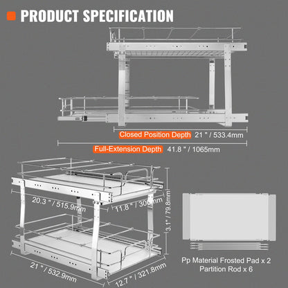 2-Tier Wire Pull Out Cabinet Under Sink Organizer 14x21 Inch Drawer Basket V952-HGS214W21D15H80OCV0