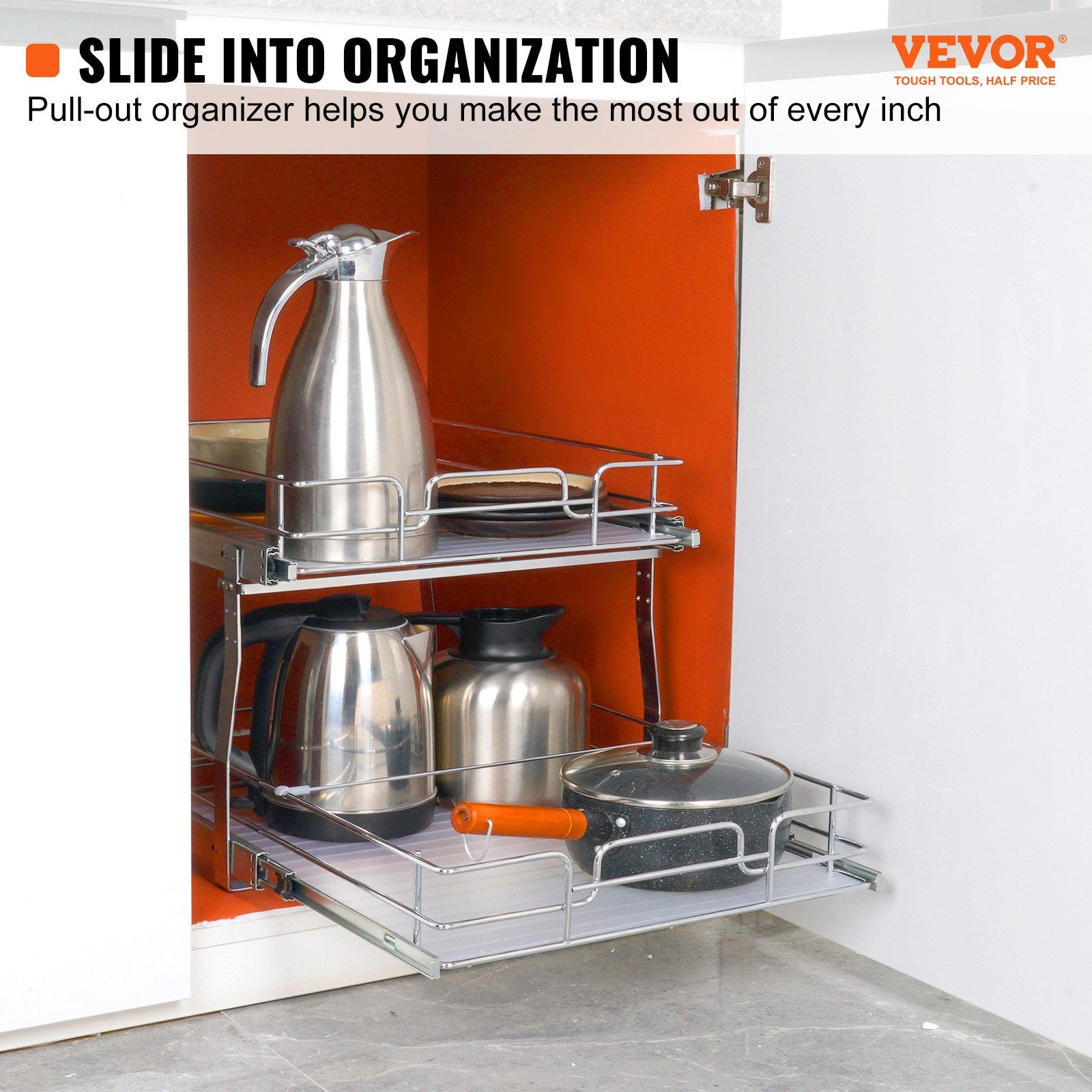 2 Tier 20"Wx21"Dx15"H Pull Out Cabinet Organizer, Heavy Duty Slide Out Pantry Shelves, Steel Roll Out V952-HGS220W21D15HSW3PV0