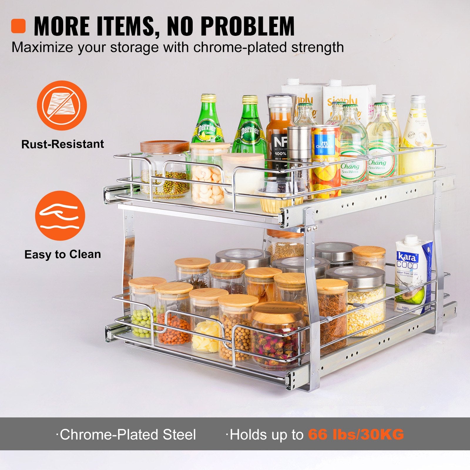 2 Tier 20"Wx21"Dx15"H Pull Out Cabinet Organizer, Heavy Duty Slide Out Pantry Shelves, Steel Roll Out V952-HGS220W21D15HSW3PV0