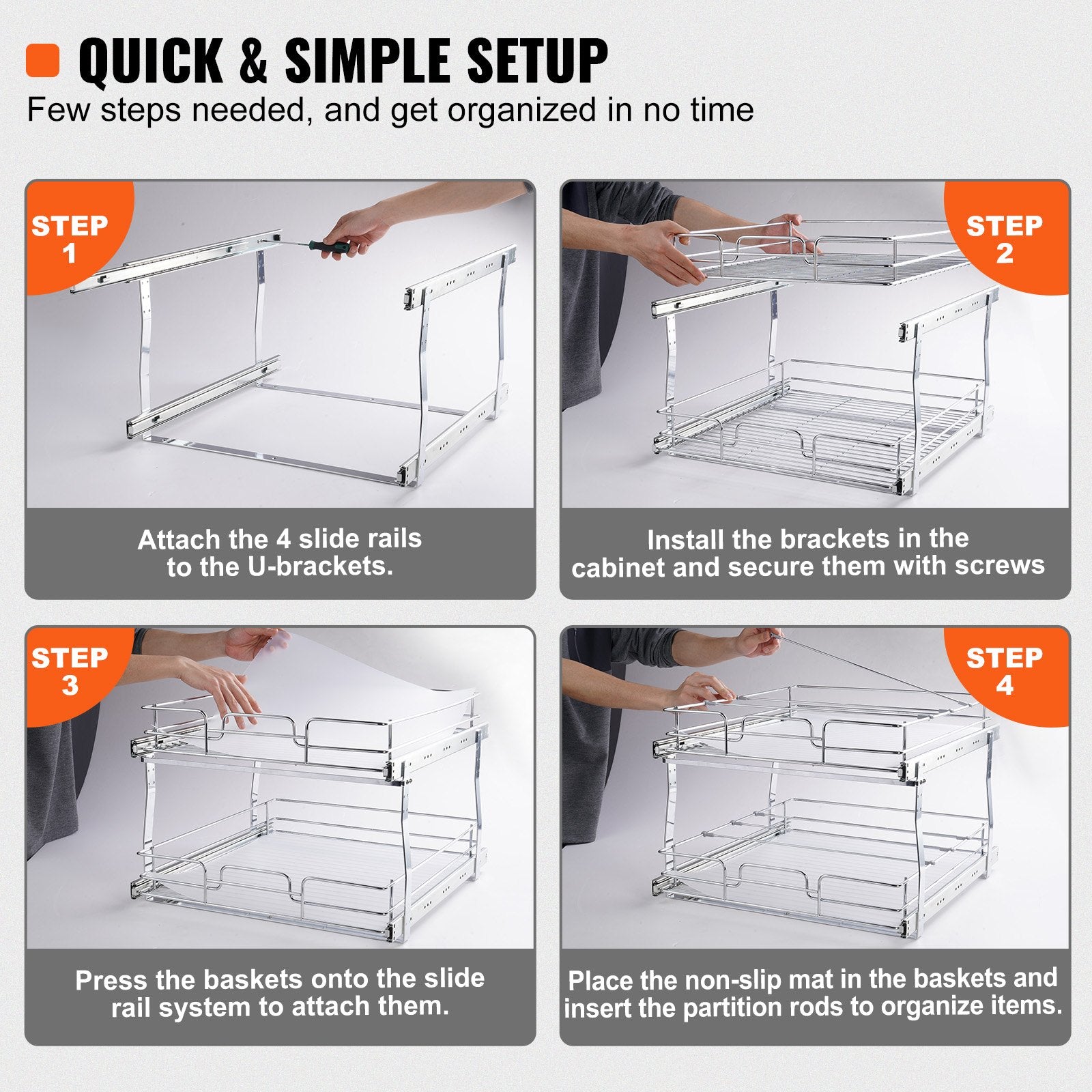 2 Tier 20"Wx21"Dx15"H Pull Out Cabinet Organizer, Heavy Duty Slide Out Pantry Shelves, Steel Roll Out V952-HGS220W21D15HSW3PV0