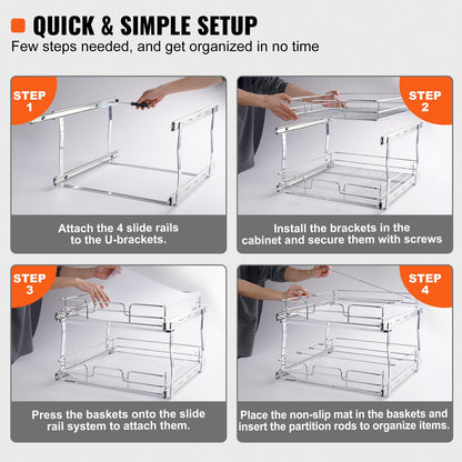 2 Tier 20"Wx21"Dx15"H Pull Out Cabinet Organizer, Heavy Duty Slide Out Pantry Shelves, Steel Roll Out V952-HGS220W21D15HSW3PV0