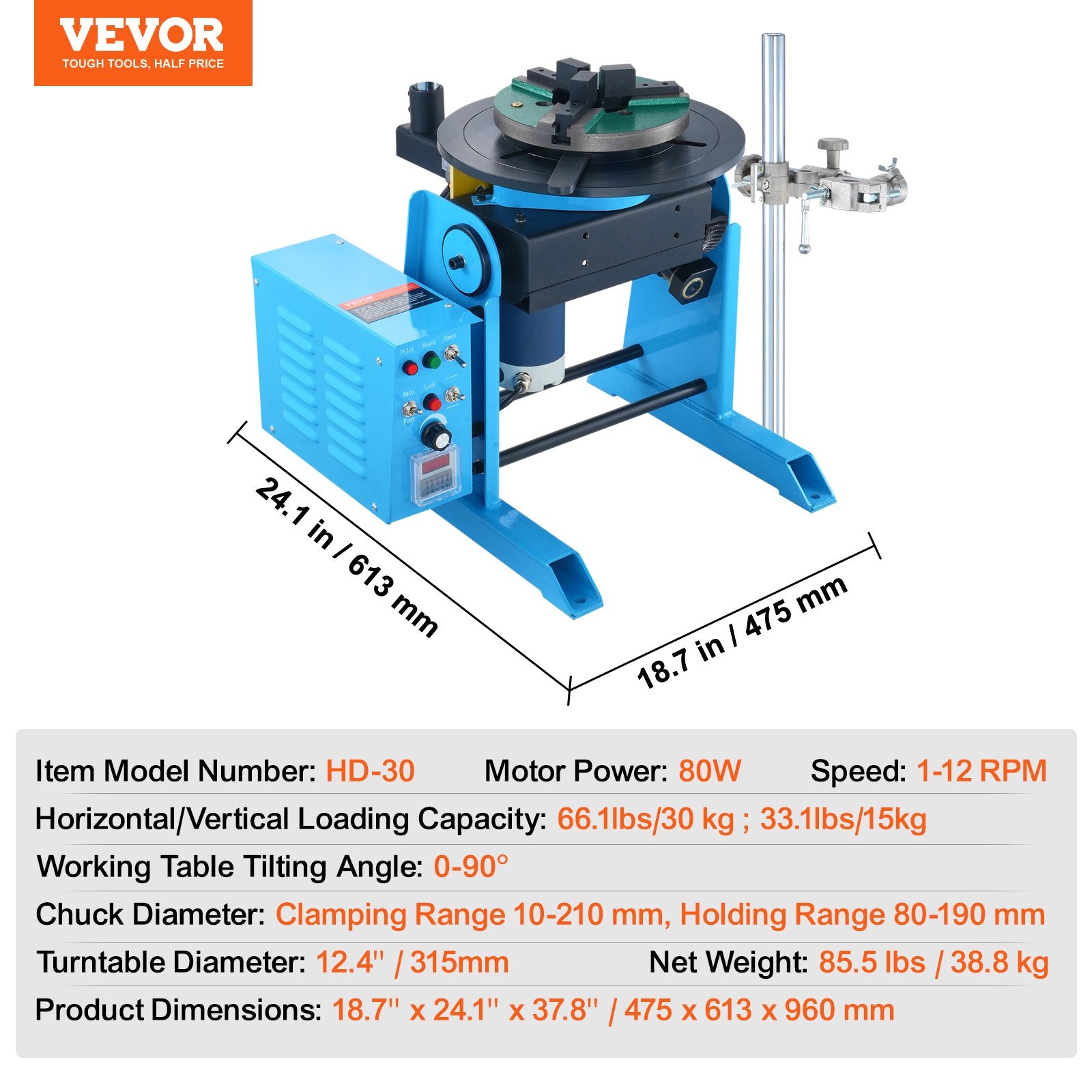Rotary Welding Positioner 30KG, 0-90 degrees Welding Positioning Turntable Table 1-12RPM 80W, with 12.4 Inch V952-HJBWJX30KG80ONXXLV3