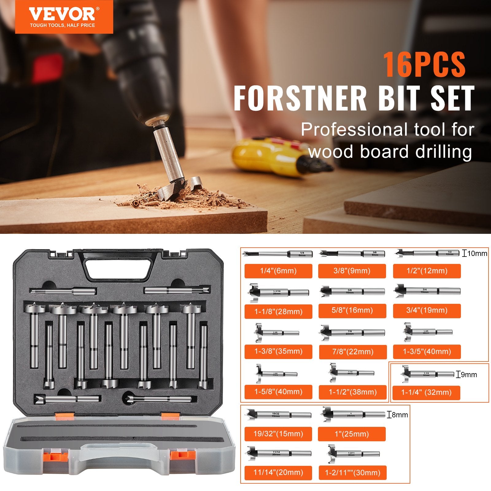 Forstner Bit Set, 16 Pcs Forstner Drill Bits Set, 1/4" to 1-5/8", Carbon Steel, with Universal Round Shank, V952-HJMGPYZCSJT162UVBV0