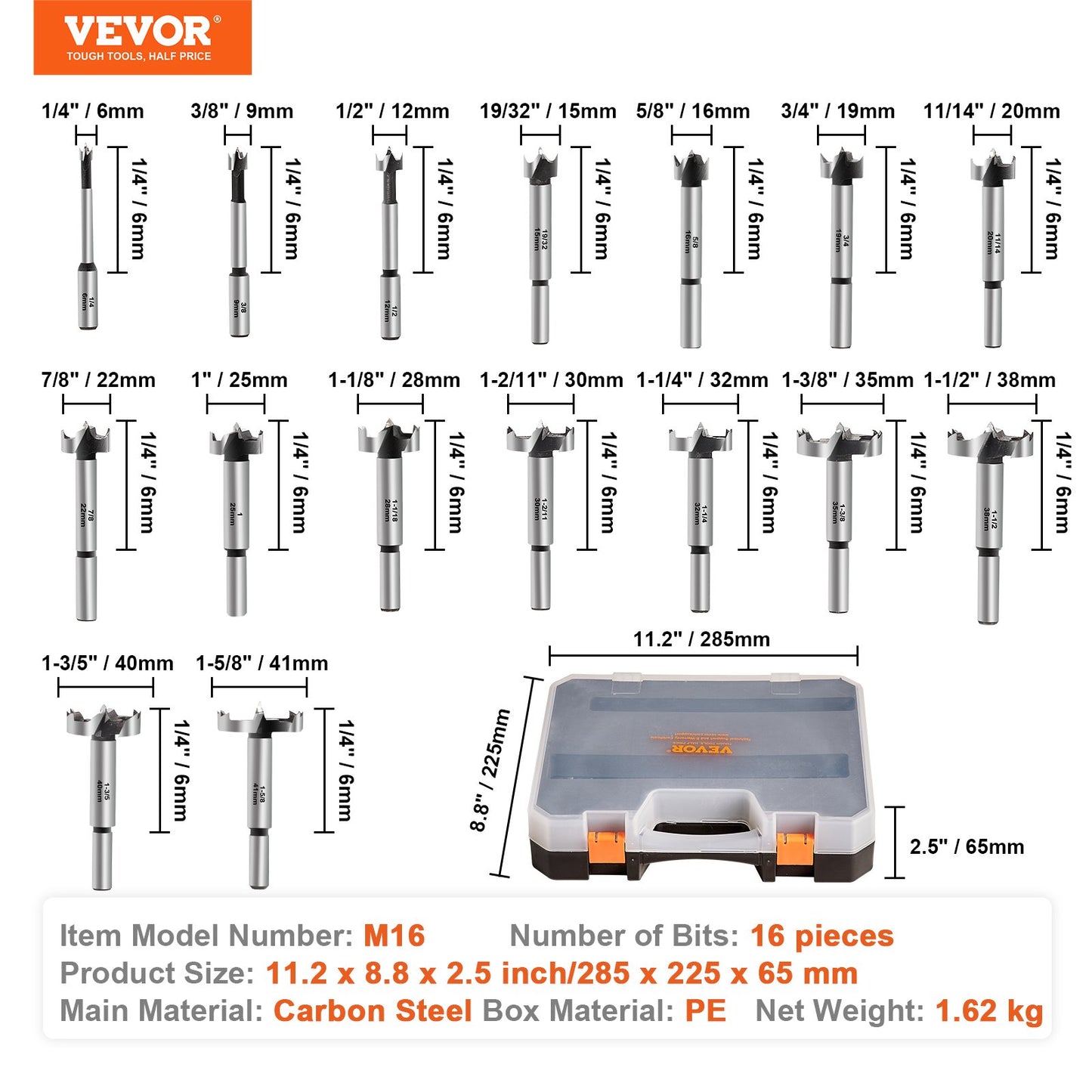 Forstner Bit Set, 16 Pcs Forstner Drill Bits Set, 1/4" to 1-5/8", Carbon Steel, with Universal Round Shank, V952-HJMGPYZCSJT162UVBV0