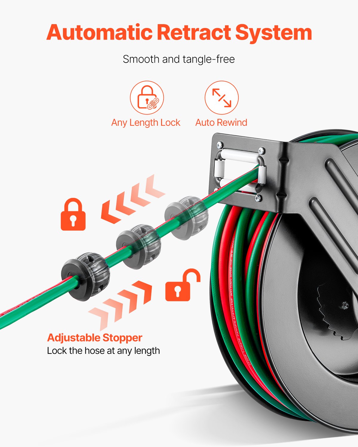 Retractable Welding Hose Reel, 1/4-Inch x 50FT Twin Oxygen Acetylene Rubber Hose Max 300PSI - T Grade, V952-HJRGJP50FTZDID1LEV0