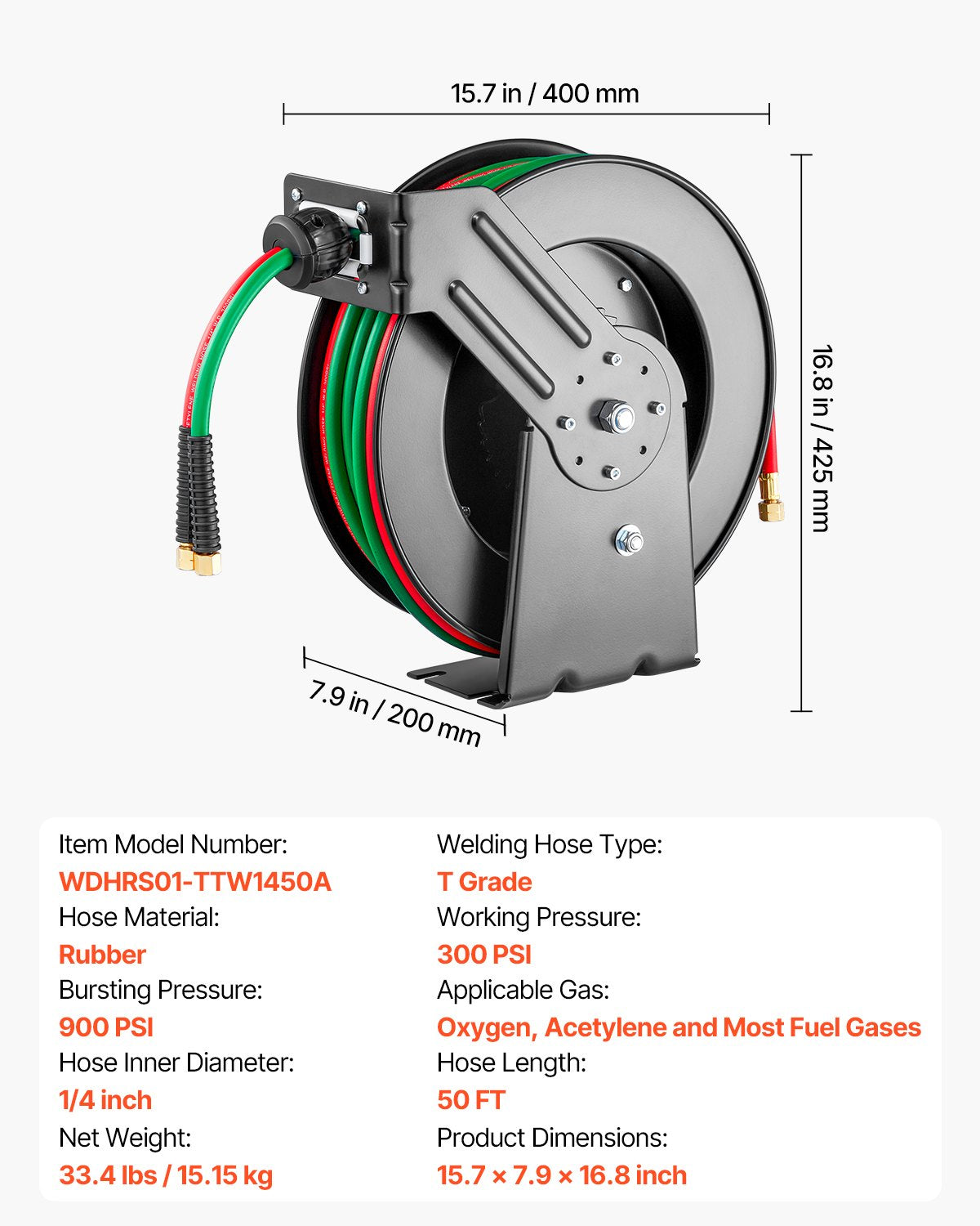 Retractable Welding Hose Reel, 1/4-Inch x 50FT Twin Oxygen Acetylene Rubber Hose Max 300PSI - T Grade, V952-HJRGJP50FTZDID1LEV0