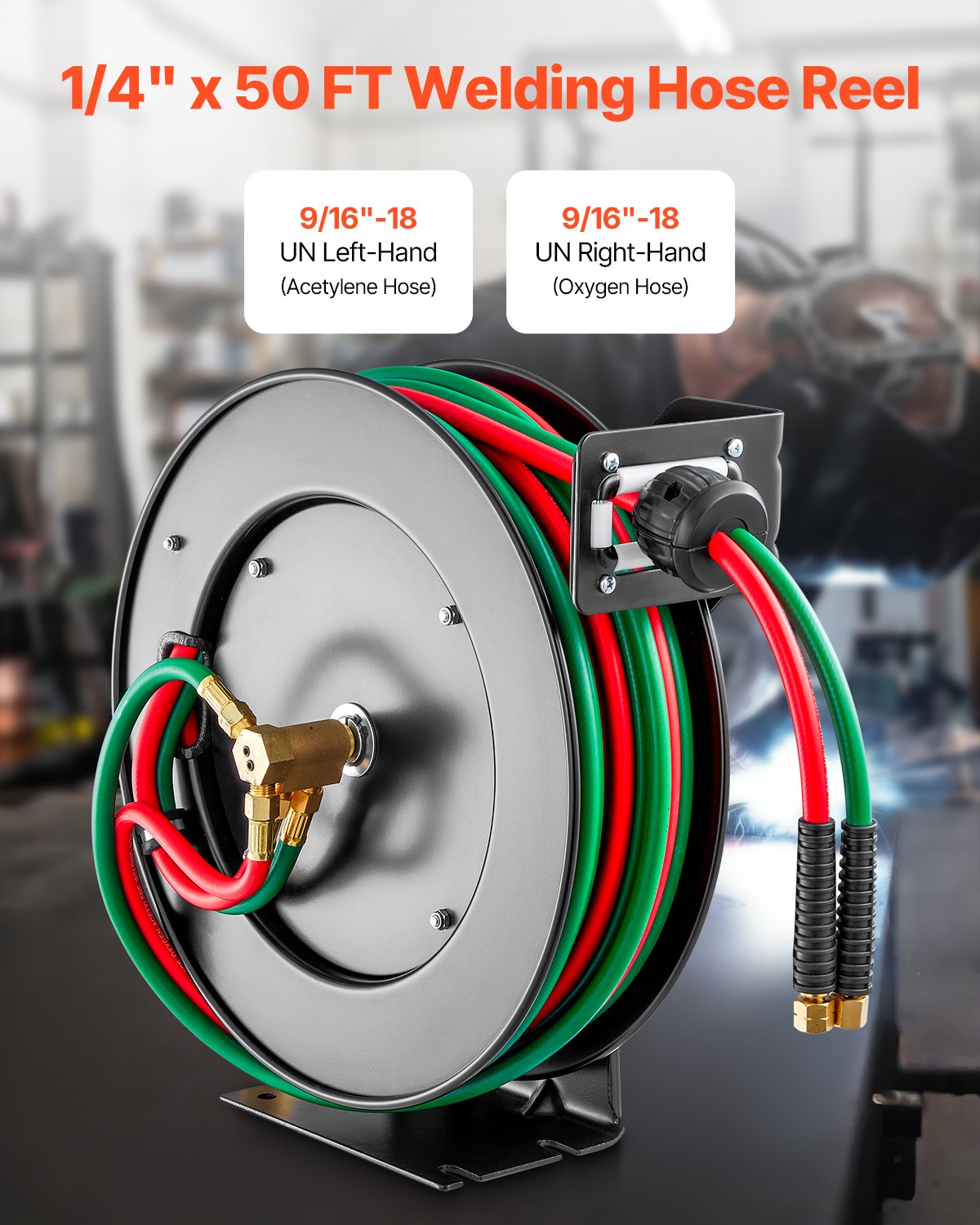Retractable Welding Hose Reel 1/4 in x 50FT Oxygen Acetylene Rubber Hose R Grade V952-HJRGJP50FTZDLSX8QV0