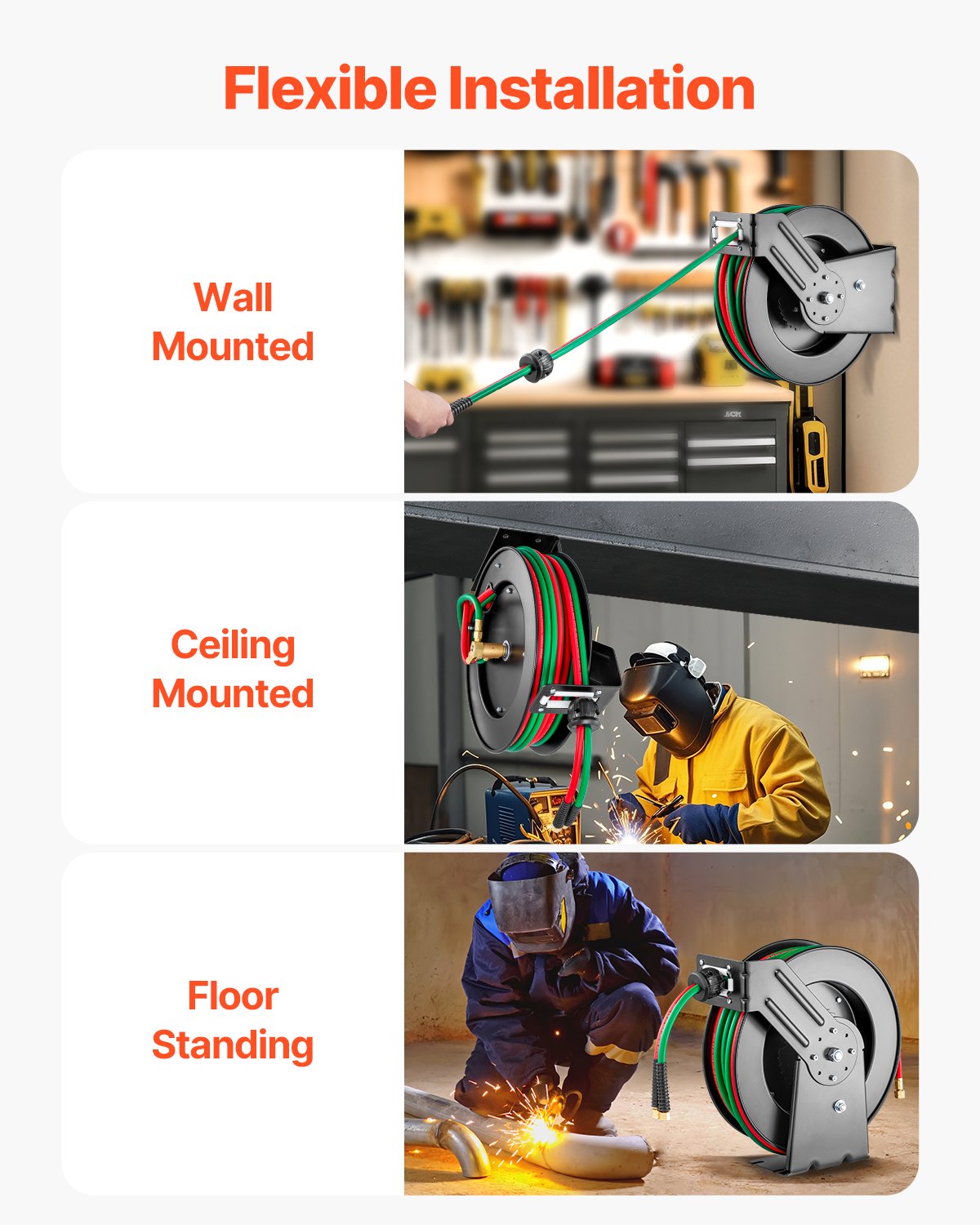 Retractable Welding Hose Reel 1/4 in x 50FT Oxygen Acetylene Rubber Hose R Grade V952-HJRGJP50FTZDLSX8QV0