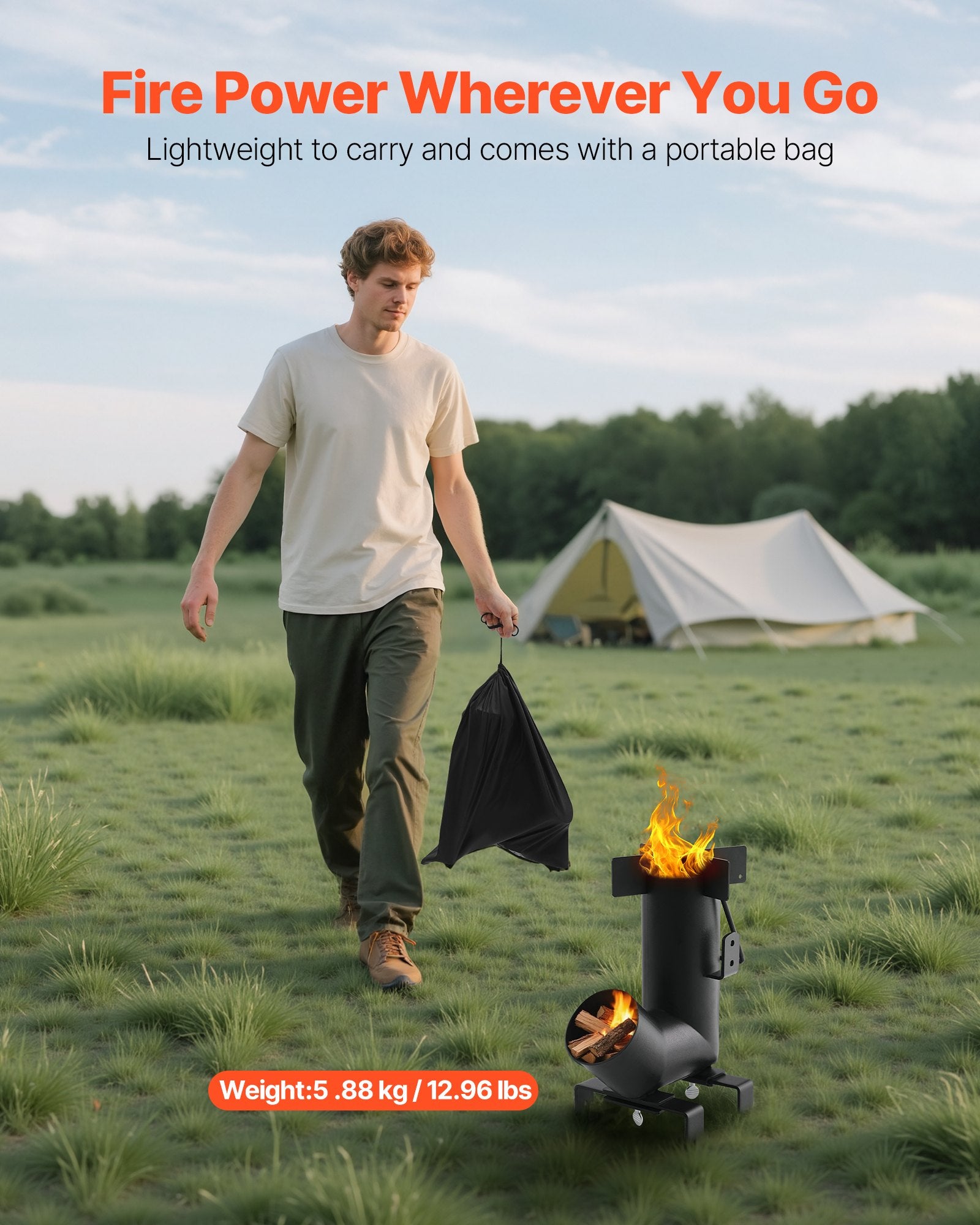 Camping Rocket Stove, Wood Burning Portable Rocket Stove with Carrying Bag for Backpacking, Carbon Steel, V952-HJXLYLTGBKZDOXBBO001V0
