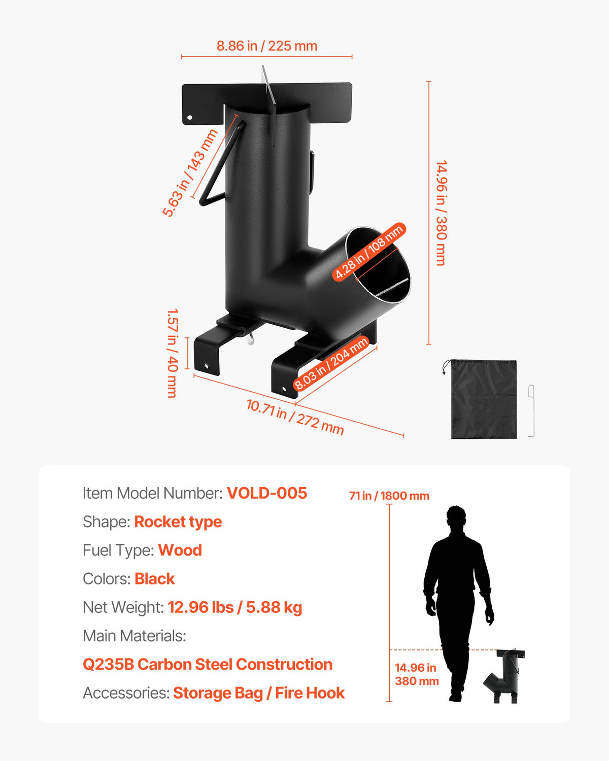 Camping Rocket Stove, Wood Burning Portable Rocket Stove with Carrying Bag for Backpacking, Carbon Steel, V952-HJXLYLTGBKZDOXBBO001V0