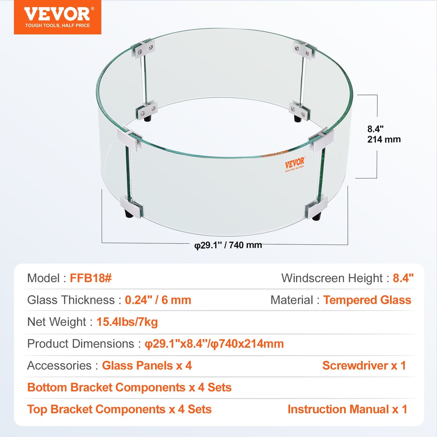 Fire Pit Wind Guard, 740 x 214mm Round Glass Flame Shield, 6mm Thick Fire Table Accessory, Clear Tempered V952-HKFFZGHBLYX8YM3ZUV0