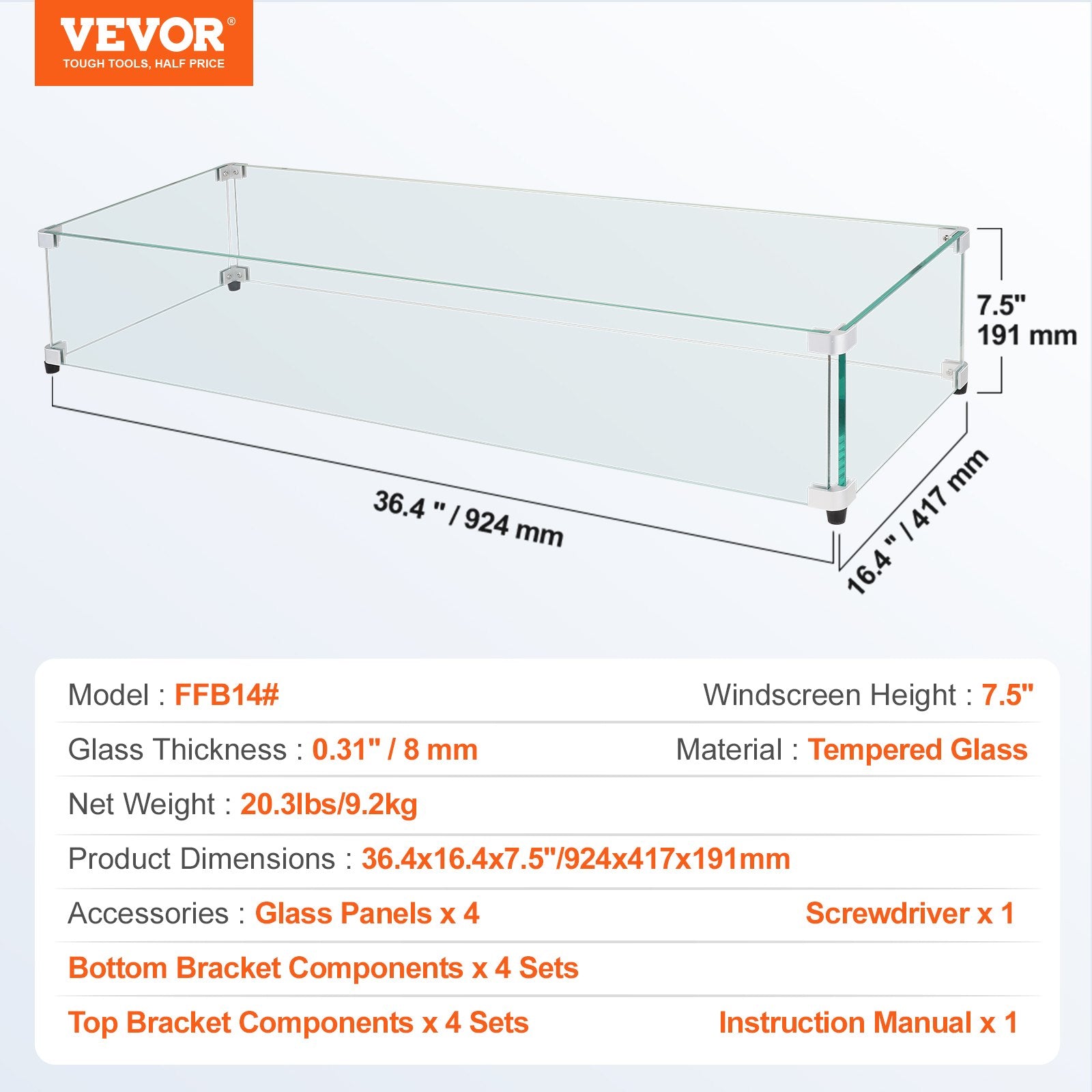 Glass Wind Guard for Rectangular Fire Pit Table 924 x 417 x 191 mm, 8mm Thick and Sturdy Tempered Glass Panel V952-HKFFZGHBLZFX8O552V0