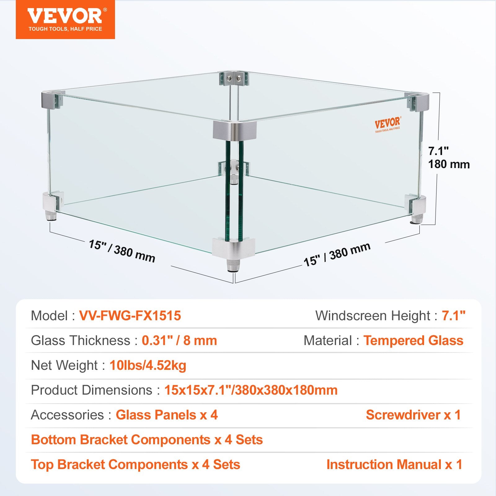 Gas Fire Pit Wind Guard for Square Fire Table, 380 x 380 x 180 mm Clear Tempered Wind Guard for Firepits, 8mm V952-HKFFZGHBLZFX8PISWV0