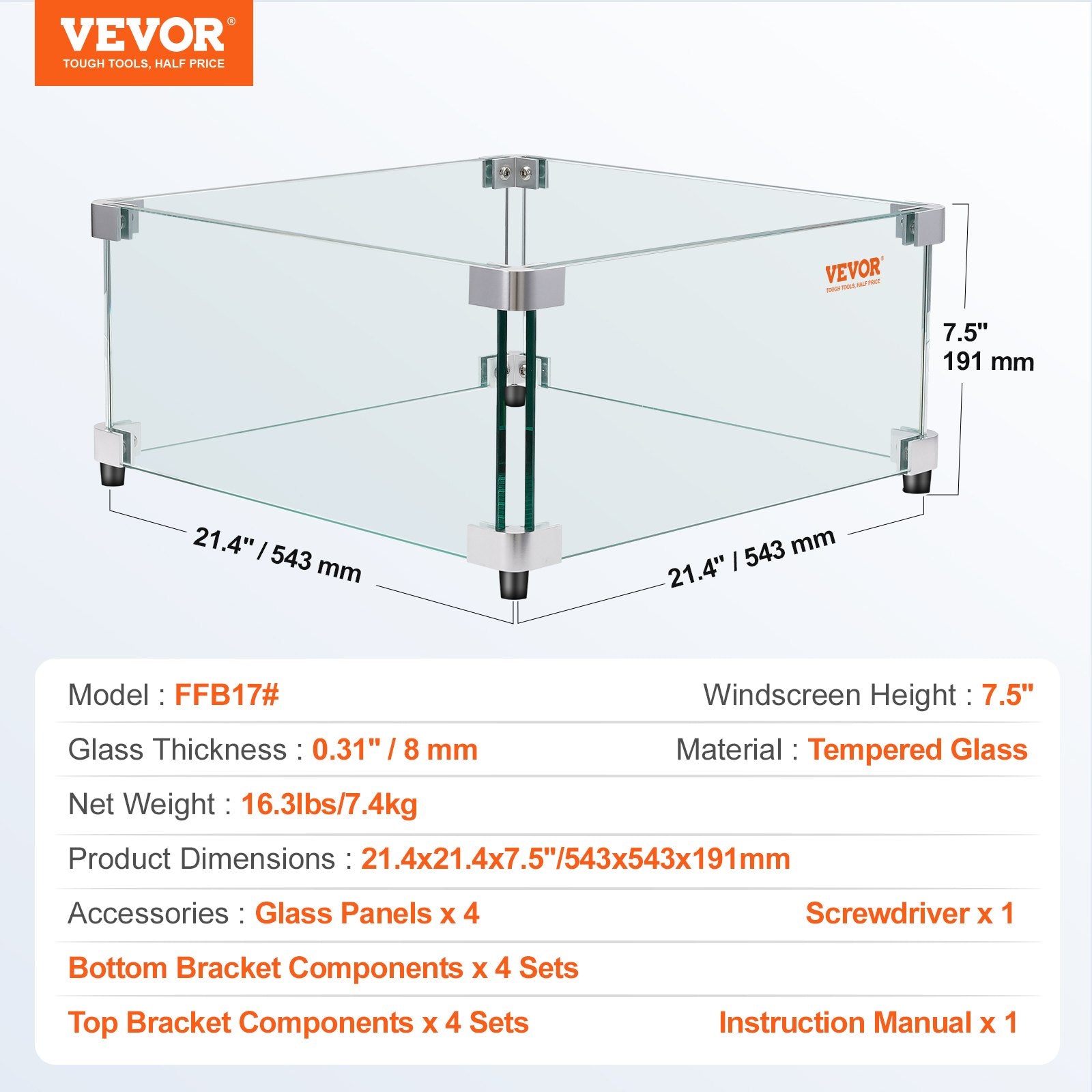 Gas Fire Pit Wind Guard for Square Fire Table, 543 x 543 x 191 mm Clear Tempered Wind Guard for Firepits, 8mm V952-HKFFZGHBLZFXI4JMNV0