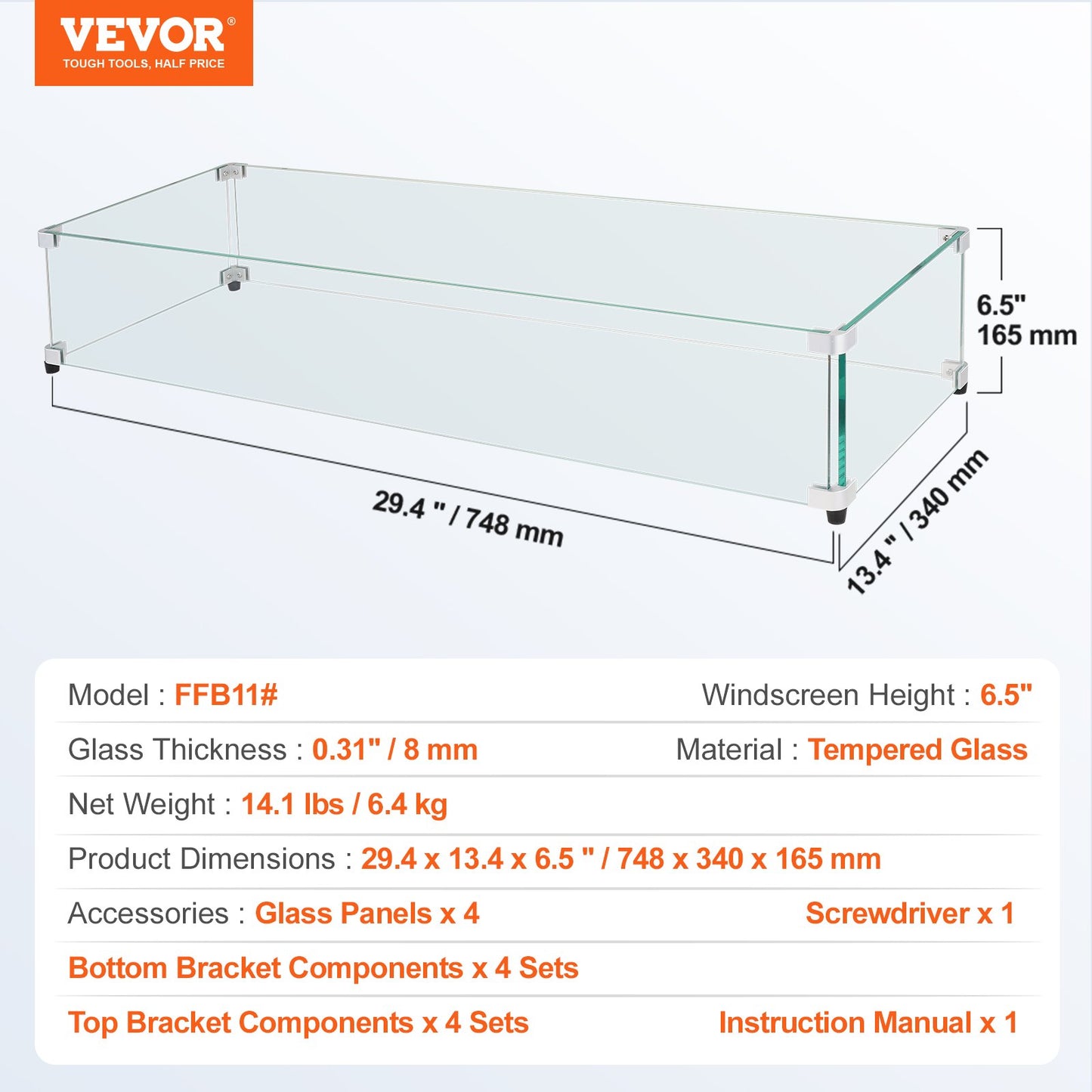 Glass Wind Guard for Rectangular Fire Pit Table 748 x 340 x 165 mm, 8mm Thick and Sturdy Tempered Glass Panel V952-HKFFZGHBLZFXSC3QFV0
