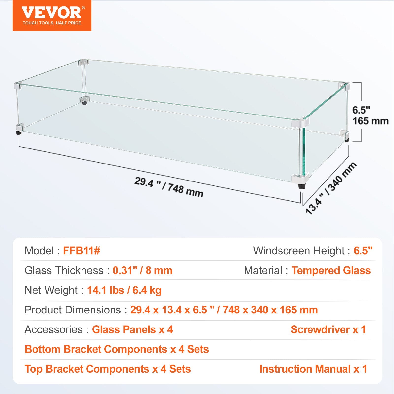 Glass Wind Guard for Rectangular Fire Pit Table 748 x 340 x 165 mm, 8mm Thick and Sturdy Tempered Glass Panel V952-HKFFZGHBLZFXSC3QFV0