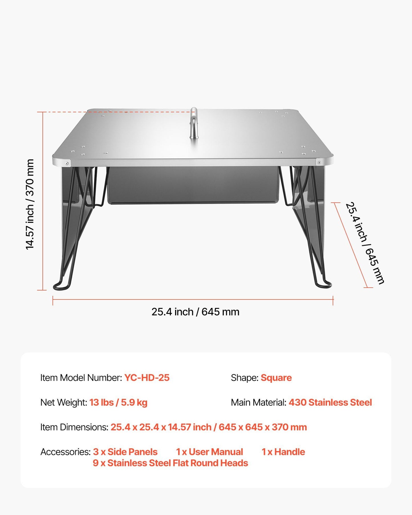 Fire Pit Heat Deflector, 645x645x370 mm Square Outdoor Burner Cover, Stainless Steel Bonfire Camping Wood V952-HKGRZFX25YC0ER15N001V0