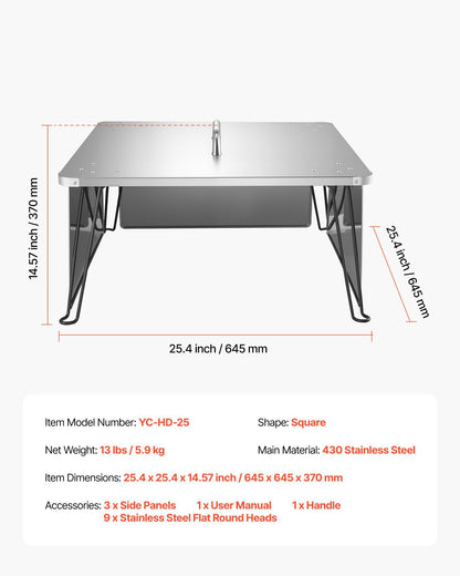 Fire Pit Heat Deflector, 645x645x370 mm Square Outdoor Burner Cover, Stainless Steel Bonfire Camping Wood V952-HKGRZFX25YC0ER15N001V0