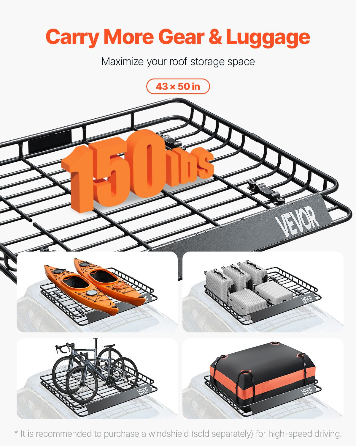 Roof Rack Cargo Carrier, 1095 x 1270 x 105 mm, Universal Rooftop Cargo Basket, Car Top Luggage Holder with 68 V952-HKSXLK4350INLIUJFV0