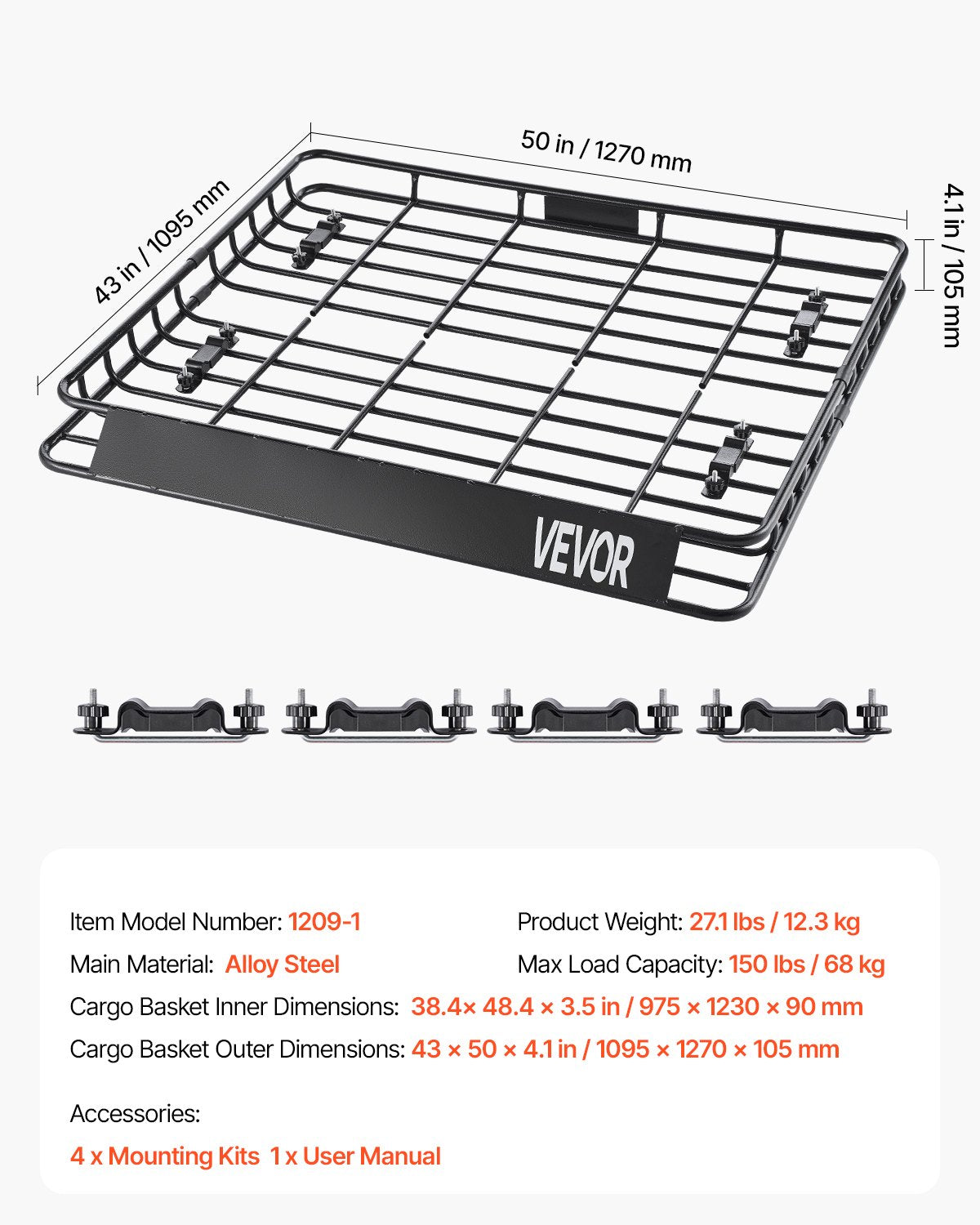Roof Rack Cargo Carrier, 1095 x 1270 x 105 mm, Universal Rooftop Cargo Basket, Car Top Luggage Holder with 68 V952-HKSXLK4350INLIUJFV0