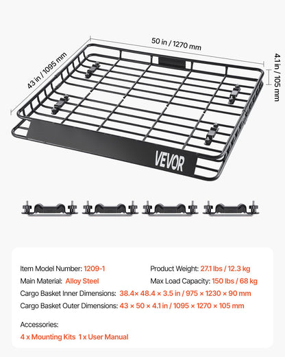 Roof Rack Cargo Carrier, 1095 x 1270 x 105 mm, Universal Rooftop Cargo Basket, Car Top Luggage Holder with 68 V952-HKSXLK4350INLIUJFV0