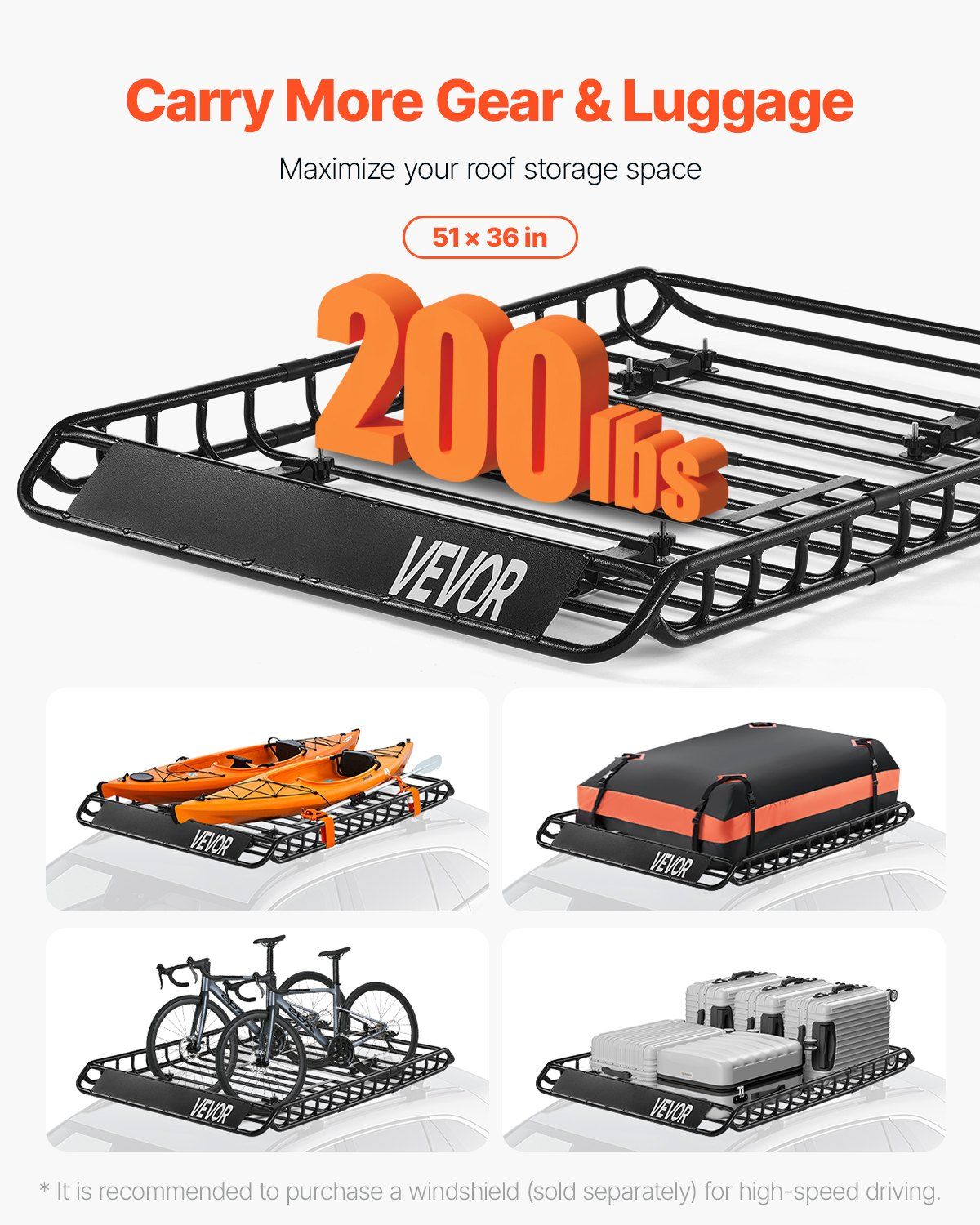 Roof Rack Basket, 1300 x 910 x 105 mm, Universal Rooftop Cargo Carrier with 44.1 x 34.3 x 10.2 in Cargo Bag, V952-HKSXLK5136IN4B8AWV0