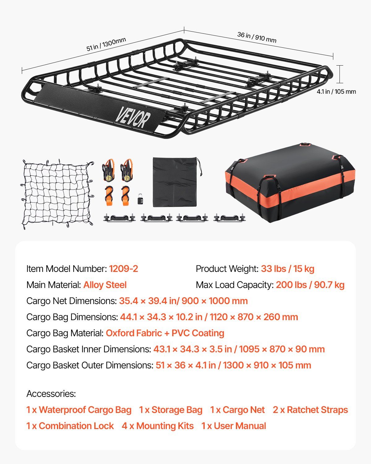 Roof Rack Basket, 1300 x 910 x 105 mm, Universal Rooftop Cargo Carrier with 44.1 x 34.3 x 10.2 in Cargo Bag, V952-HKSXLK5136IN4B8AWV0