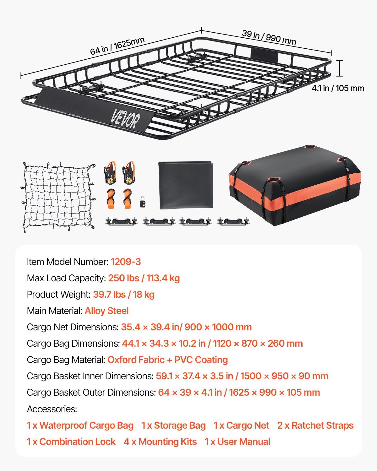 Roof Rack Basket, 1625 x 990 x 105 mm, Universal Rooftop Cargo Carrier with 1120 x 870 x 260 mm Cargo Bag, V952-HKSXLK6439INXPVB0V0