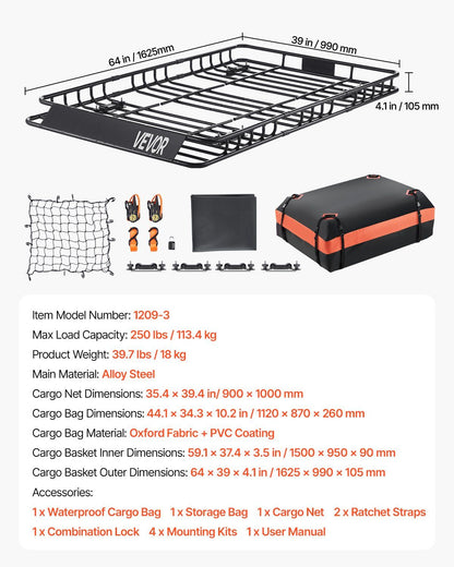 Roof Rack Basket, 1625 x 990 x 105 mm, Universal Rooftop Cargo Carrier with 1120 x 870 x 260 mm Cargo Bag, V952-HKSXLK6439INXPVB0V0
