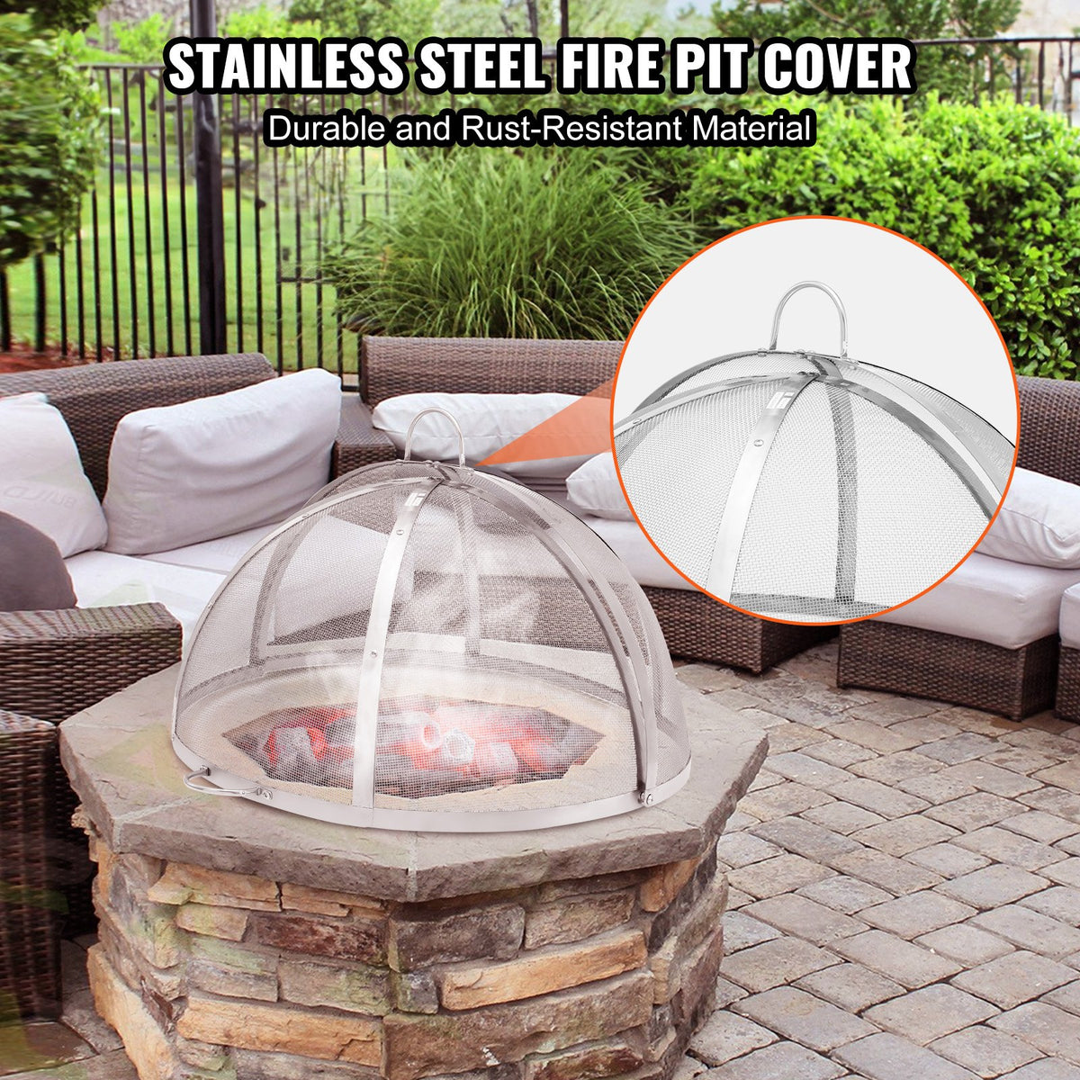 Firepit Spark Screen Lid, 40" Diameter, Outdoor Firepit Ring Cover Round Accessories, Fire Pit Metal Cover, V952-HKWZ201BXGQXHKE2TV0