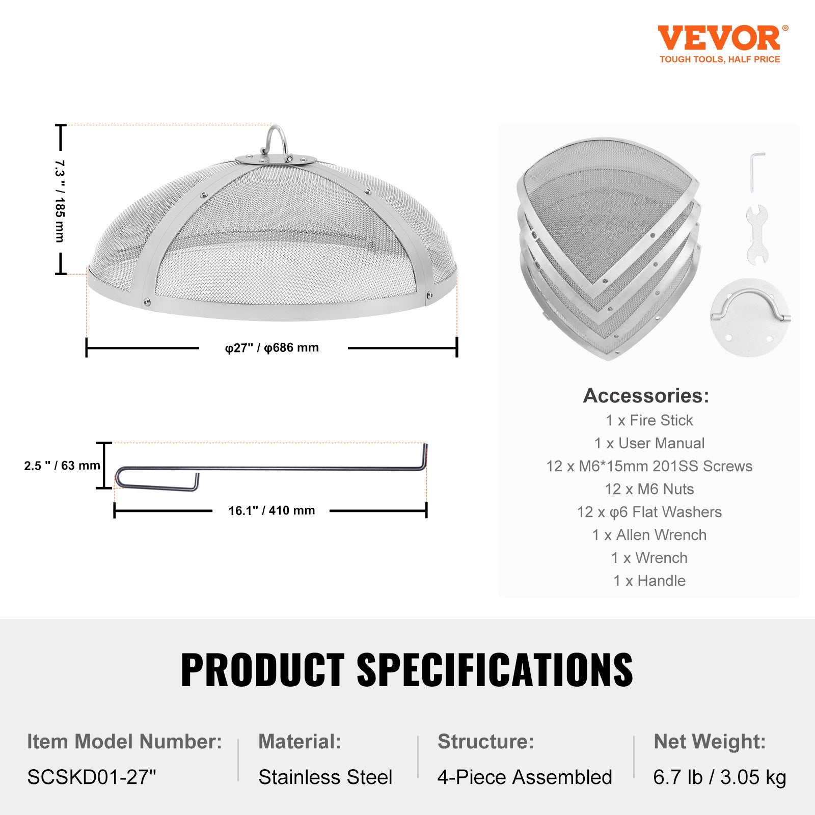 Fire Pit Spark Screen Round 27", Reinforced Heavy Duty Steel Metal Cover, Outdoor Firepit Lid, Easy-Opening V952-HKWZ201BXGYX20HA9V0