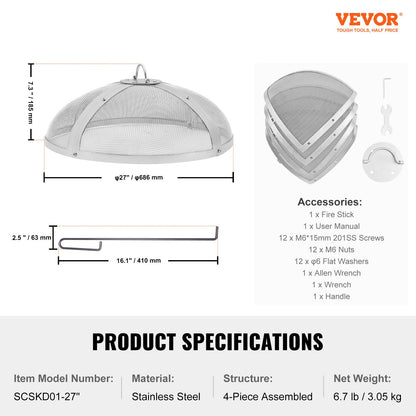 Fire Pit Spark Screen Round 27", Reinforced Heavy Duty Steel Metal Cover, Outdoor Firepit Lid, Easy-Opening V952-HKWZ201BXGYX20HA9V0