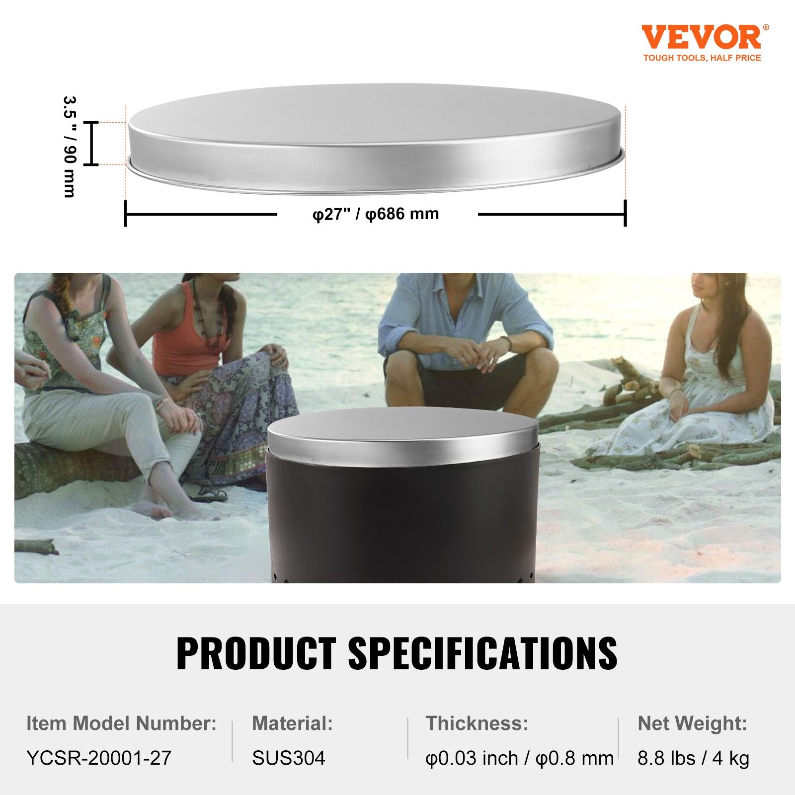 Fire Pit Cover Lid, 27" Portable Firepit Spark Screen,Stainless Steel Steel Metal Cover, Easy-Opening Outdoor V952-HKWZ304BXGYPGMJP5V0